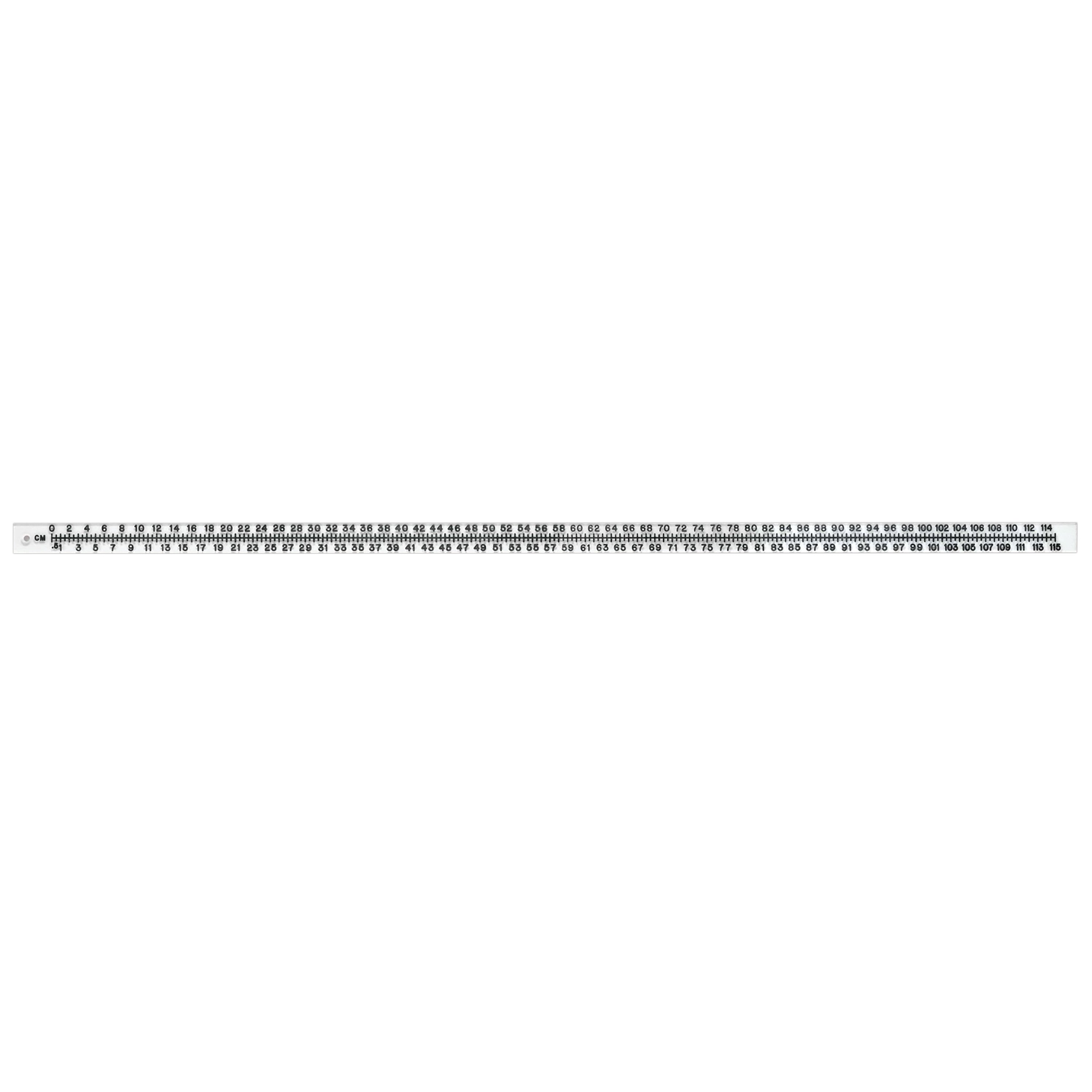 Radiopaque Acrylic Scale with black measurement markings from 0 to 116 cm and inch conversions on a white background.