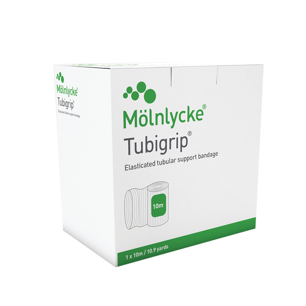 White box of Molnlycke Tubigrip Bandage, 10m length, with green text and a bandage illustration on the front.