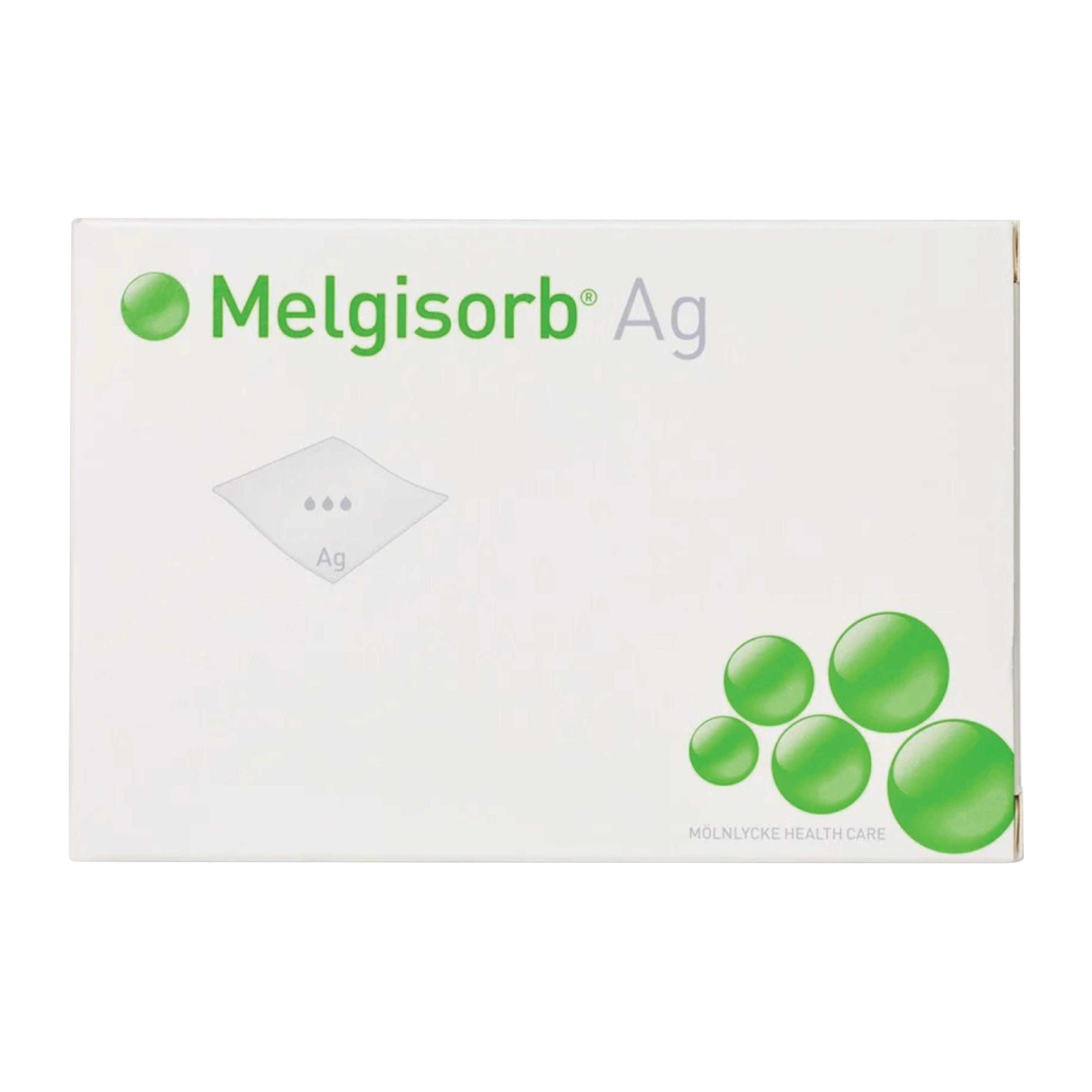 Packaging for Molnlycke Melgisorb Calcium Alginate Dressing with green spheres and product information on a white background.