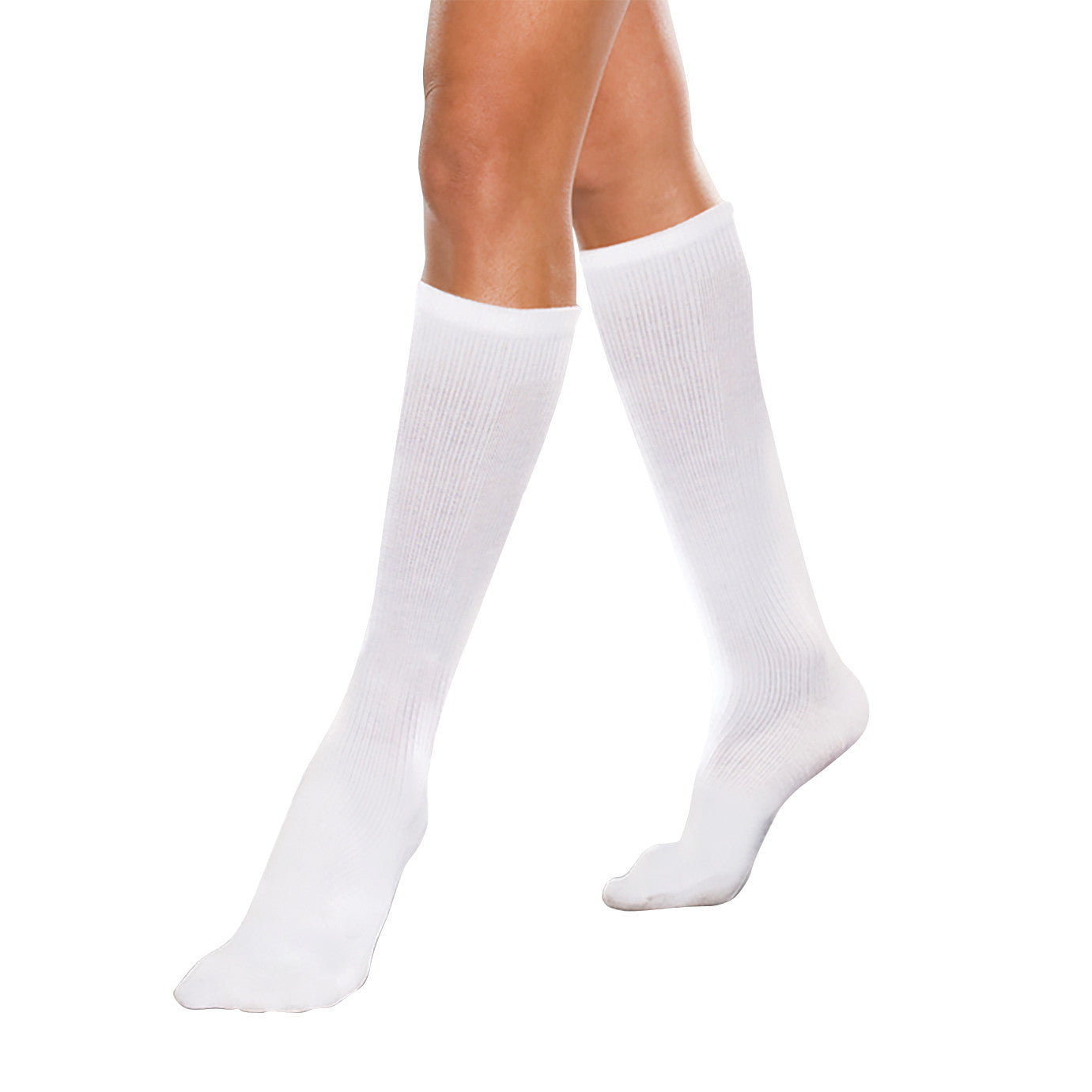 A person wearing Core-Spun by Therafirm Support Socks in white. The socks are knee-high and ribbed, providing compression support.