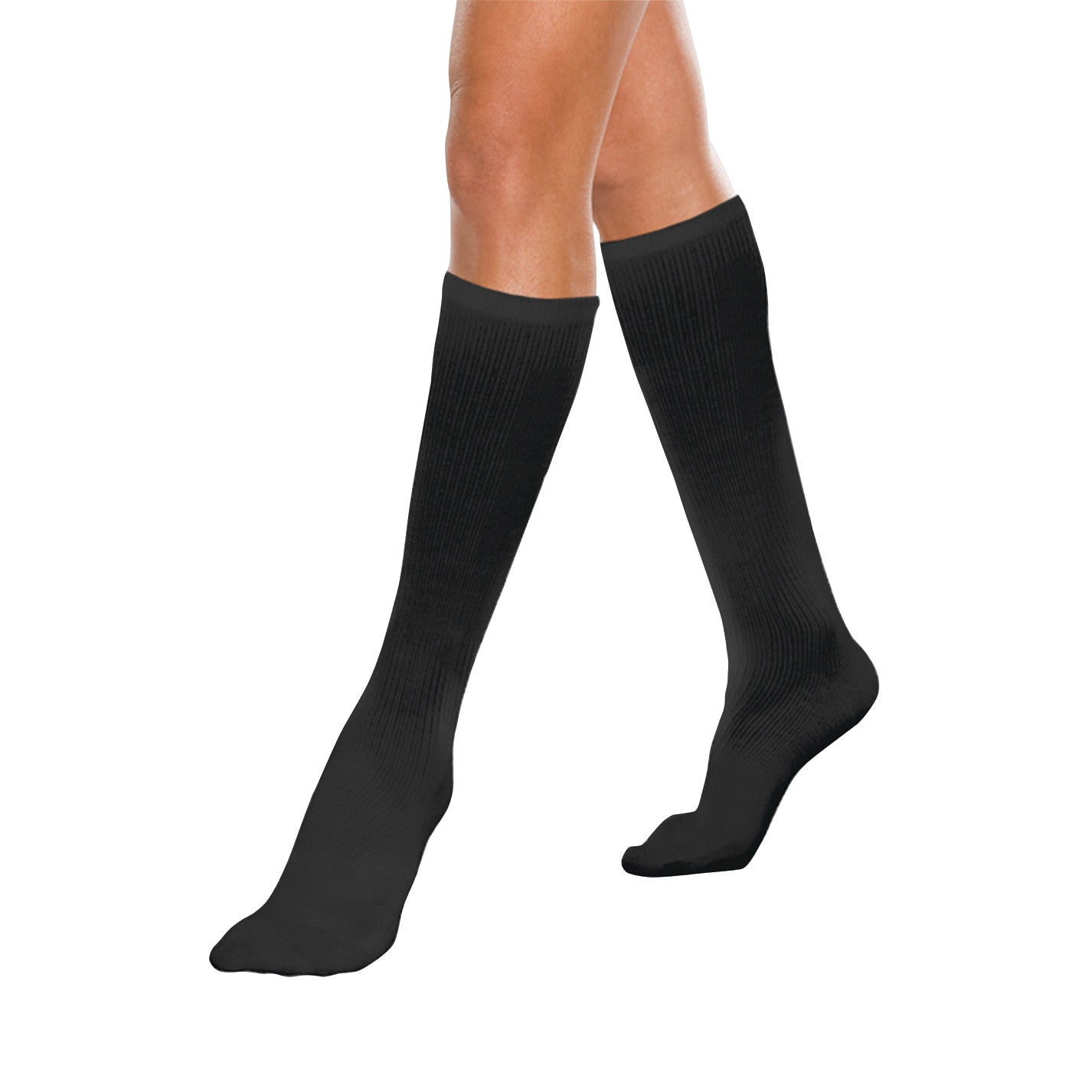 A pair of legs wearing black Core-Spun by Therafirm Support Socks, reaching just below the knee. The socks appear ribbed.