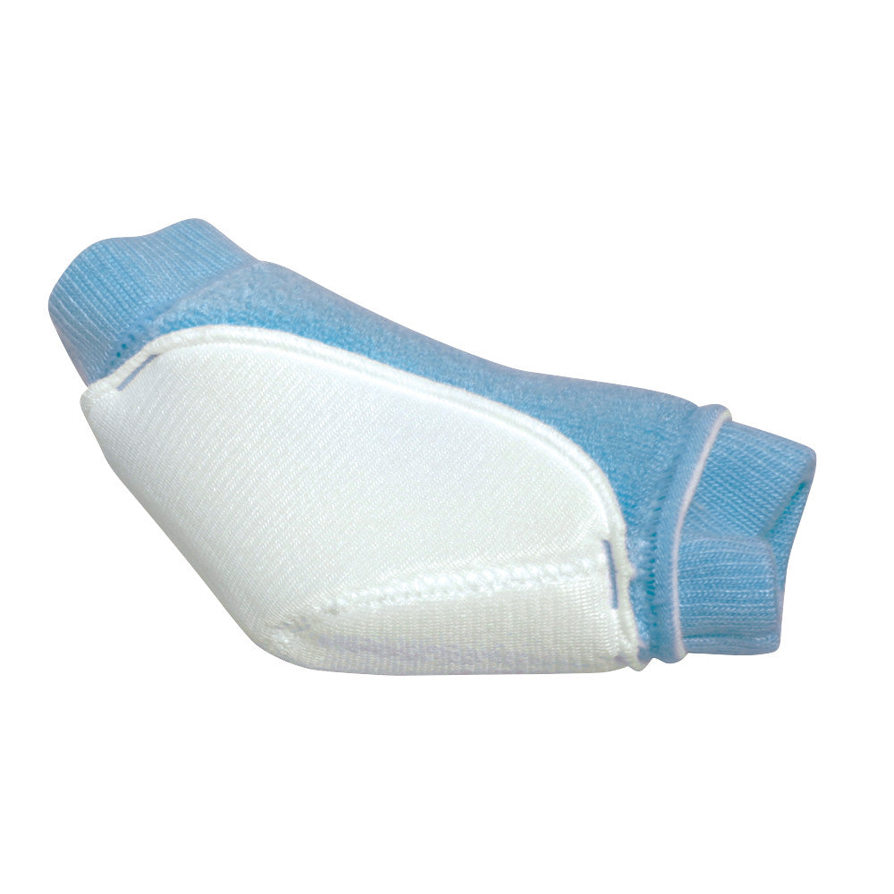 Heelbo Heel/Elbow Protector in sky blue and white fabric with stretchy cuffs designed to cushion heels or elbows.