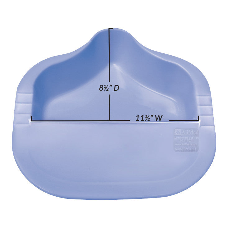 AliMed Comfortable Bed Pan in light blue, measuring 8.5 inches deep and 11.5 inches wide, designed for patient use.
