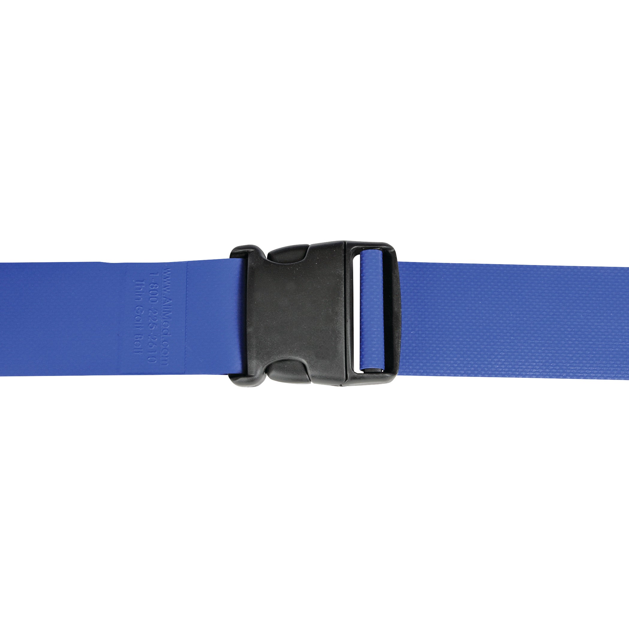 The AliMed Thin Wipeable Gait Belt is shown in blue with a black plastic buckle.