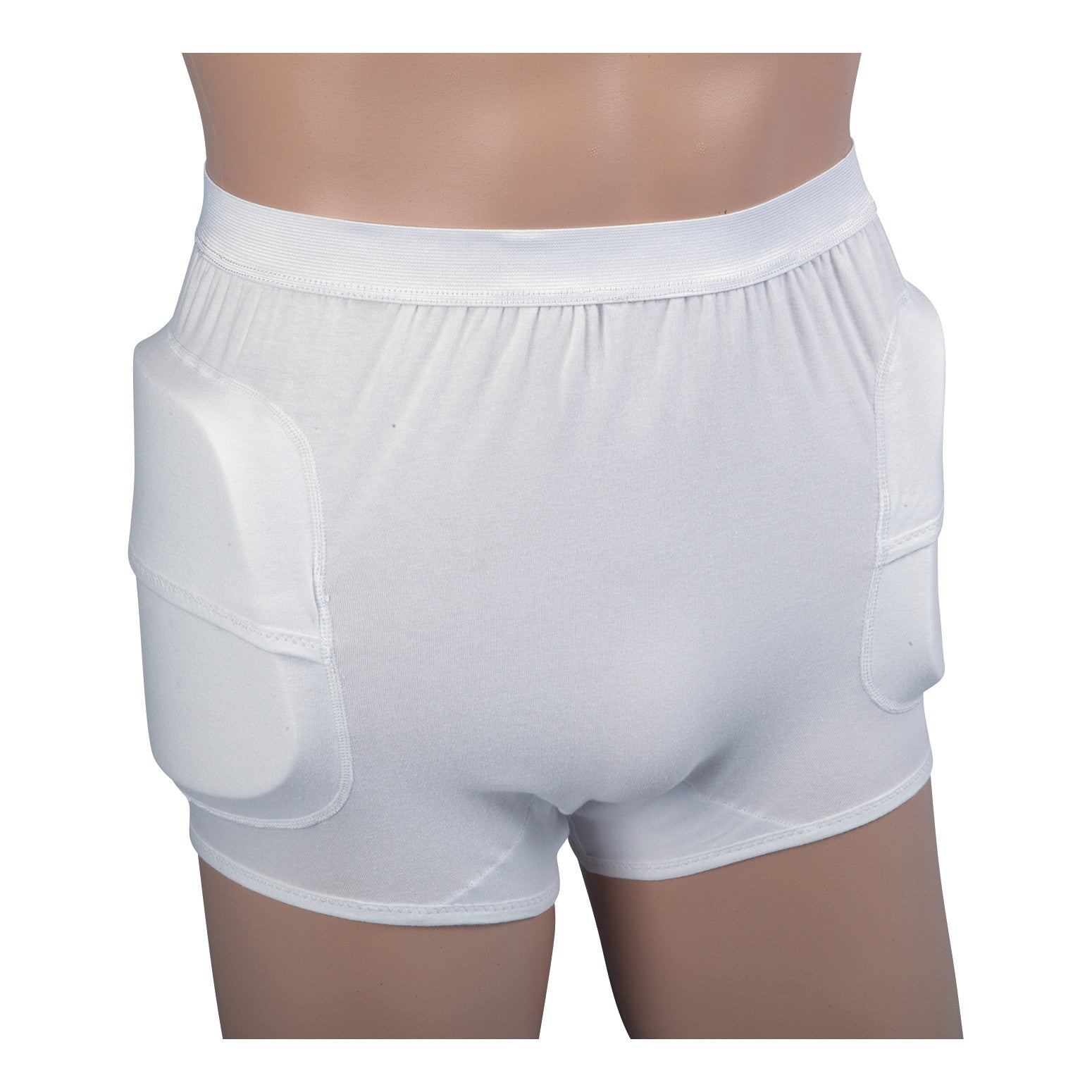 A mannequin wearing the AliMed HipShield X-tra Hip Protector, featuring white padded shorts designed for hip protection.