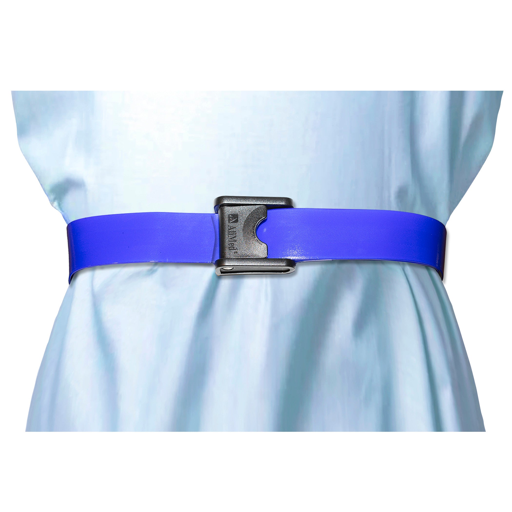 A blue AliMed Antimicrobial Wipeable Gait Belt with a CAM-style buckle is shown on a person wearing a light blue garment.