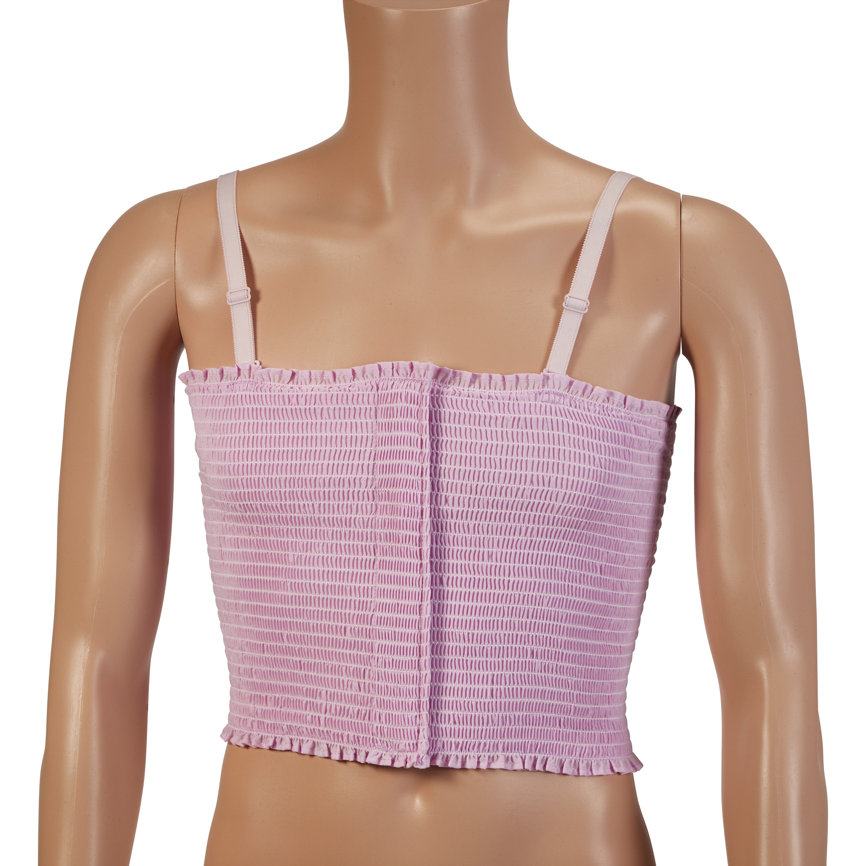 A mannequin wears the Expand-A-Band Lined Breast Binder, featuring a smocked pink design with adjustable straps, shown in a 12/Pack.
