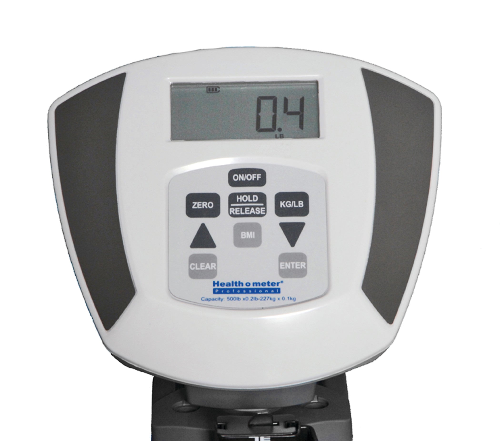 Close-up of Health o meter Heavy-Duty Column Scale display, showing 0.4 lb. Control panel includes buttons like BMI and ENTER.