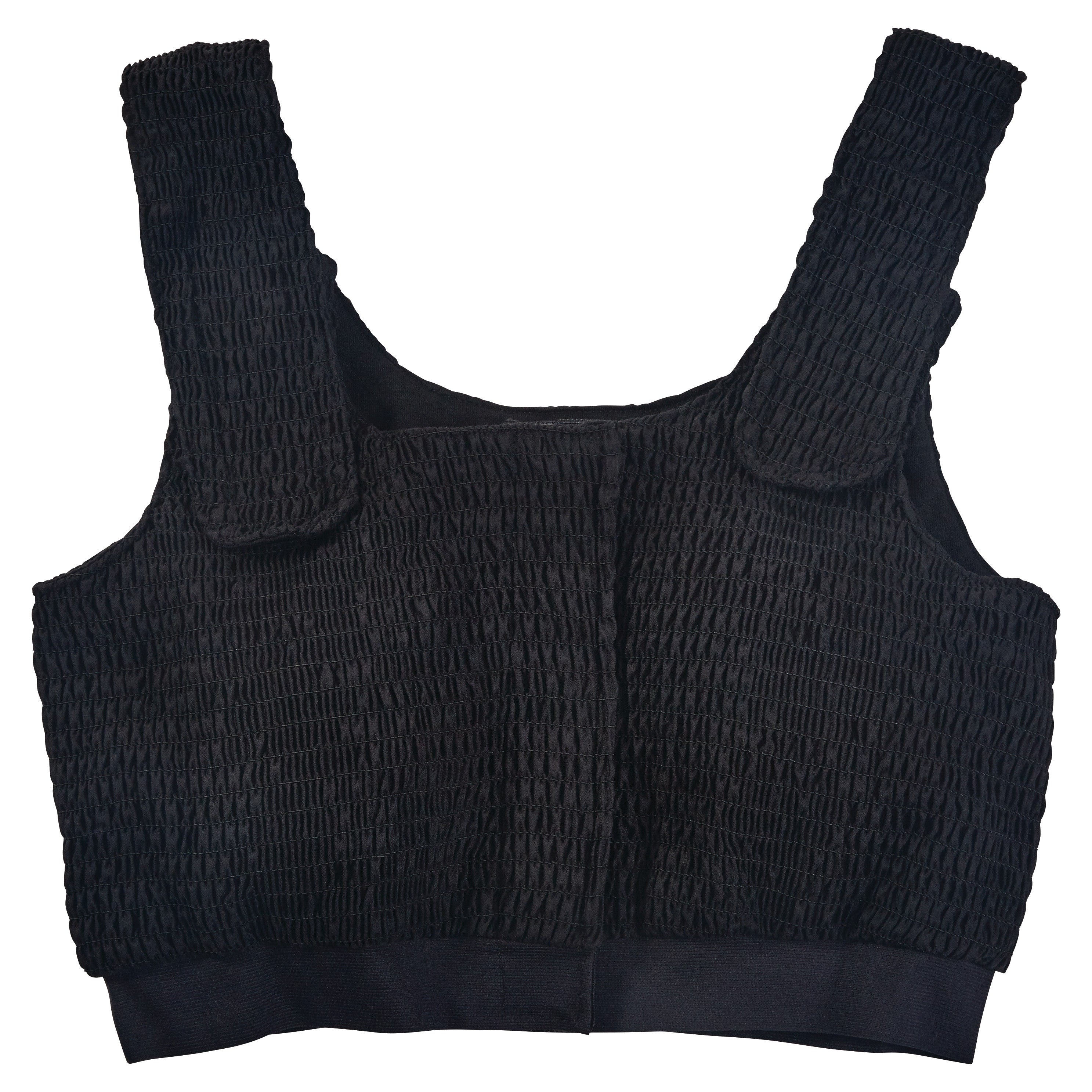 A black Expand-A-Band Compression Bra with textured fabric, wide shoulder straps, and a secure closure.