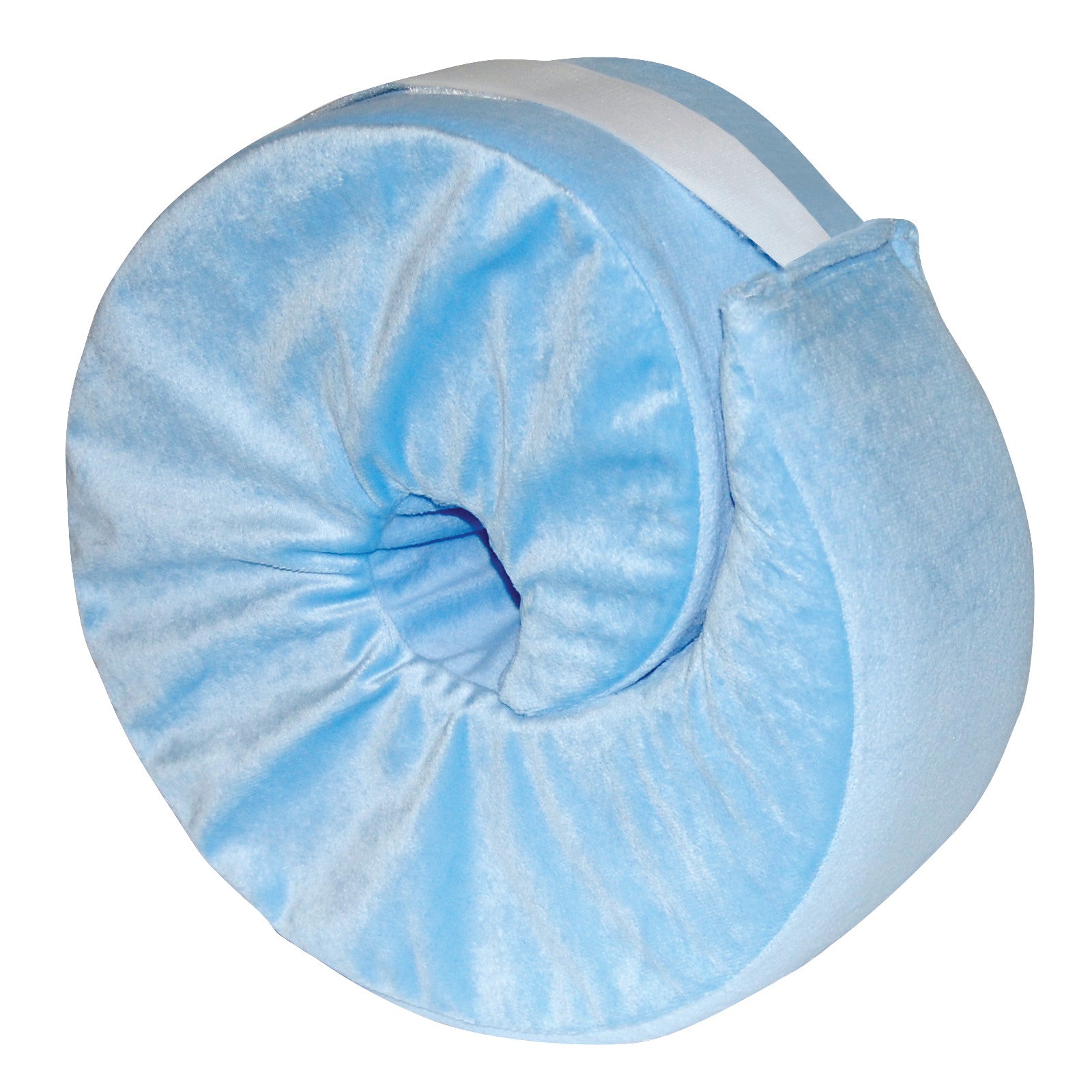 A blue SkiL-Care Foot/Heel Elevator, rolled with a spiral design, featuring a white adjustable strap on top.