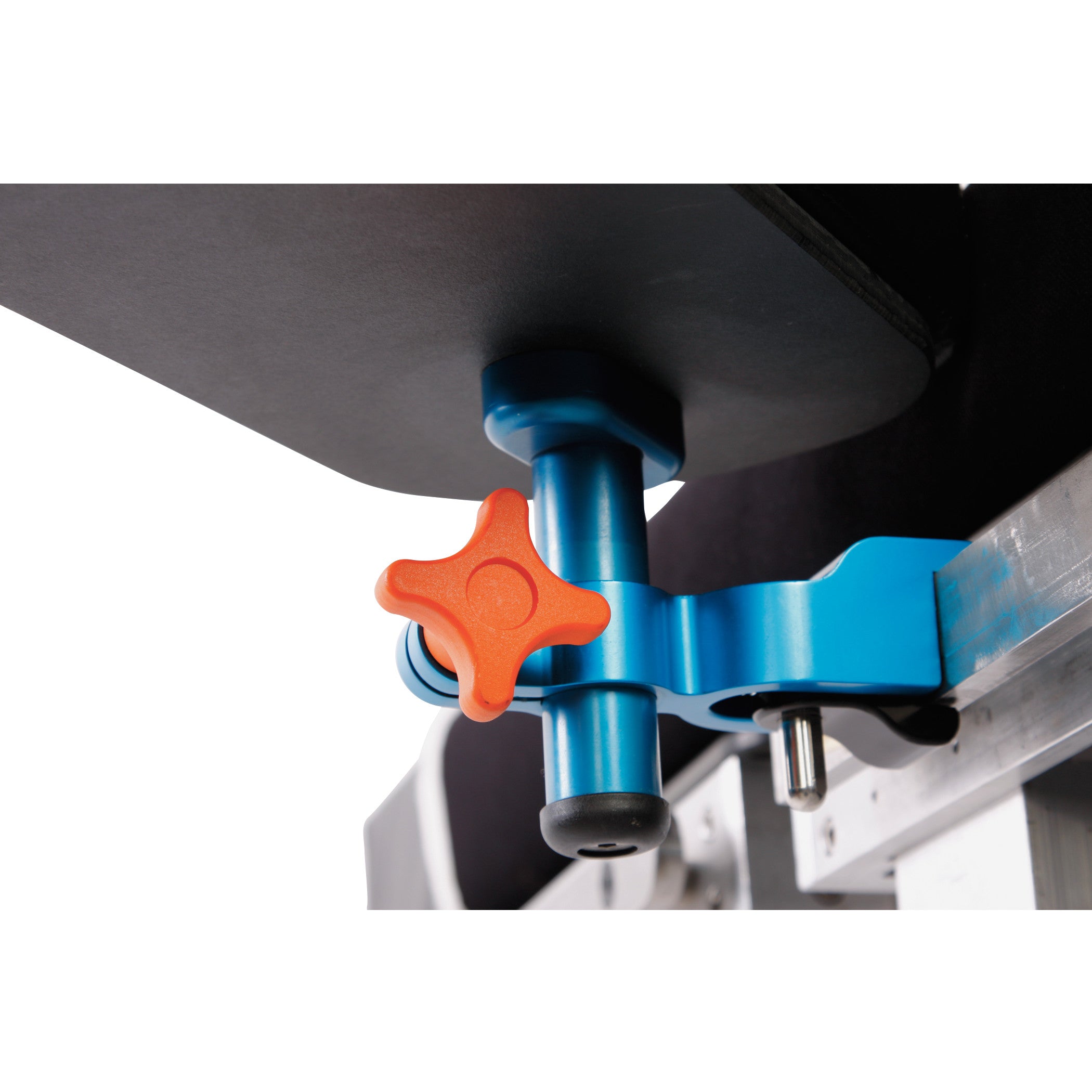 Close-up of the AliMed Height-Adjustable Phenolic Armboard, featuring a blue clamp and an orange adjustment knob under a surface.