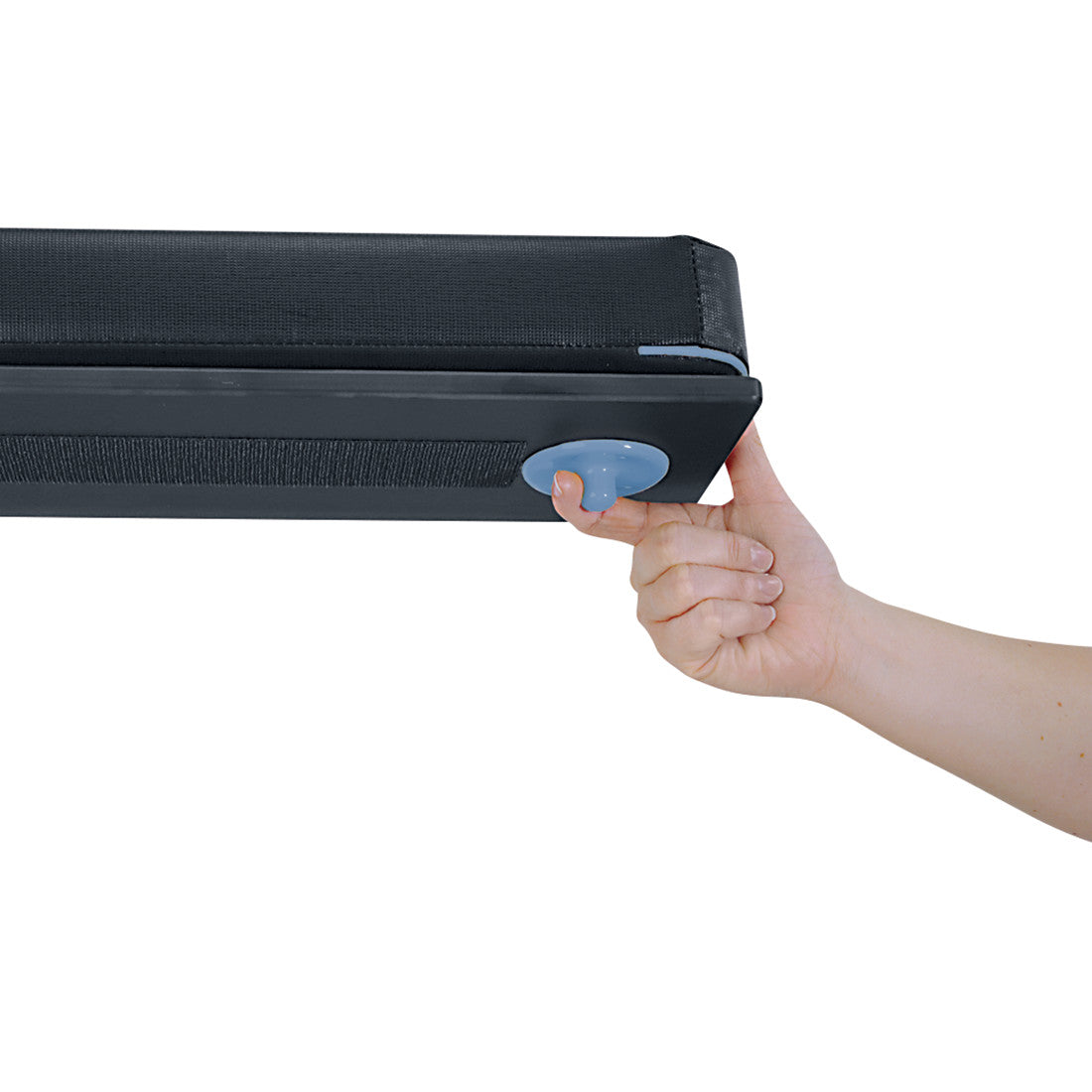 A hand adjusts the Allen Lift-to-Position Easy Armboard for EU Surgical Table Side Rail, showing its movable mechanism.
