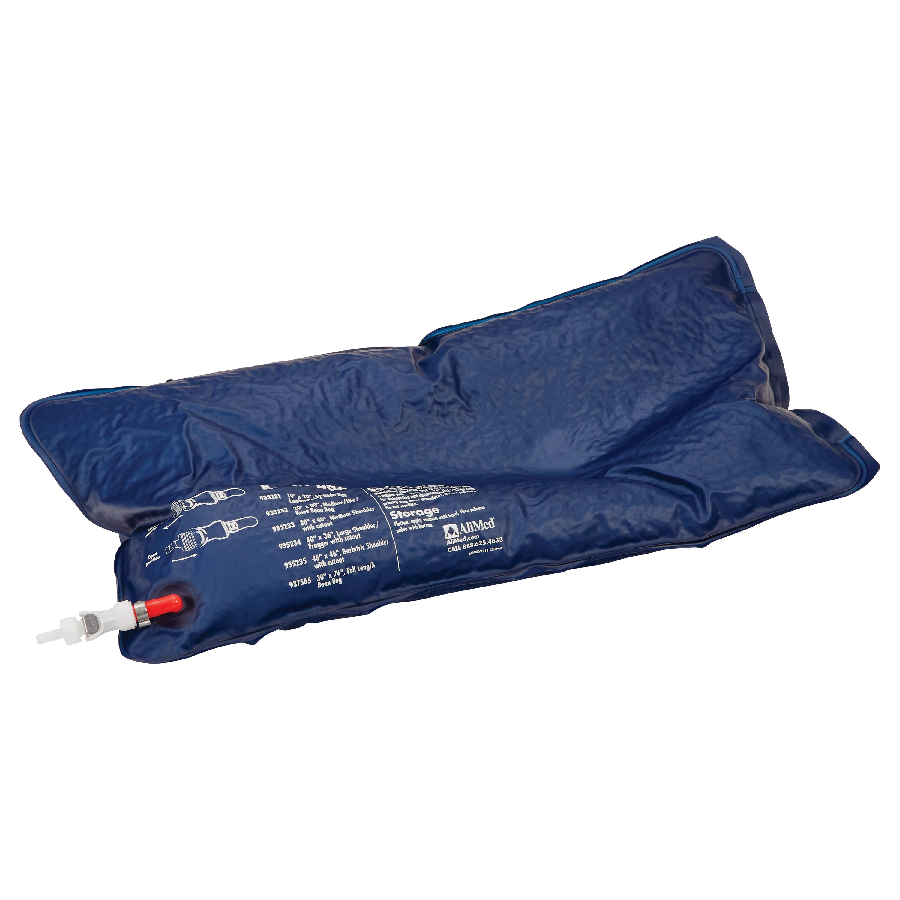 Universal Bean Bag Positioner is a dark blue, flexible pad with a valve, used to support patient positioning during procedures.