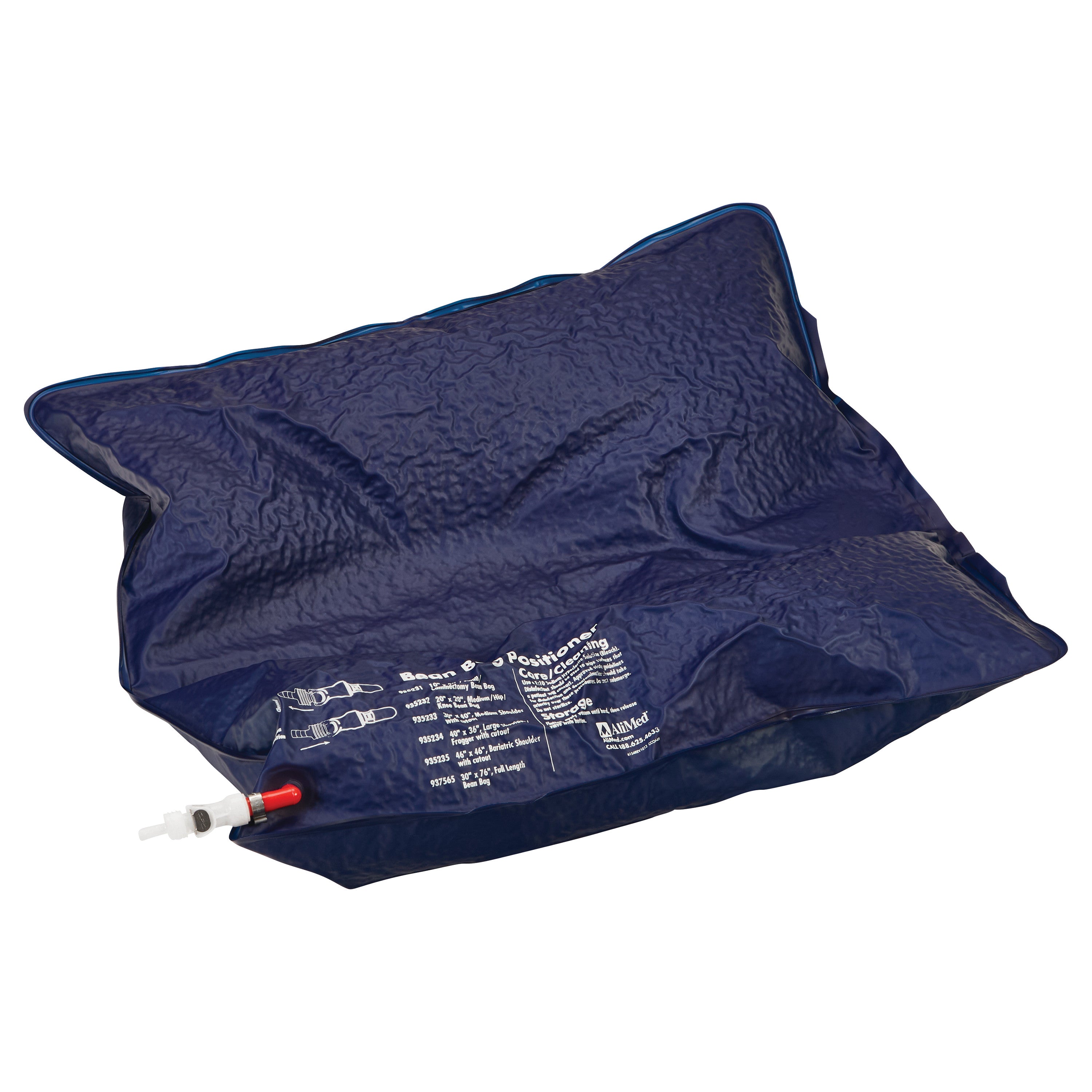 AliMed Universal Bean Bag Positioner, a dark blue cushion with a valve, featuring printed instructions on its surface.