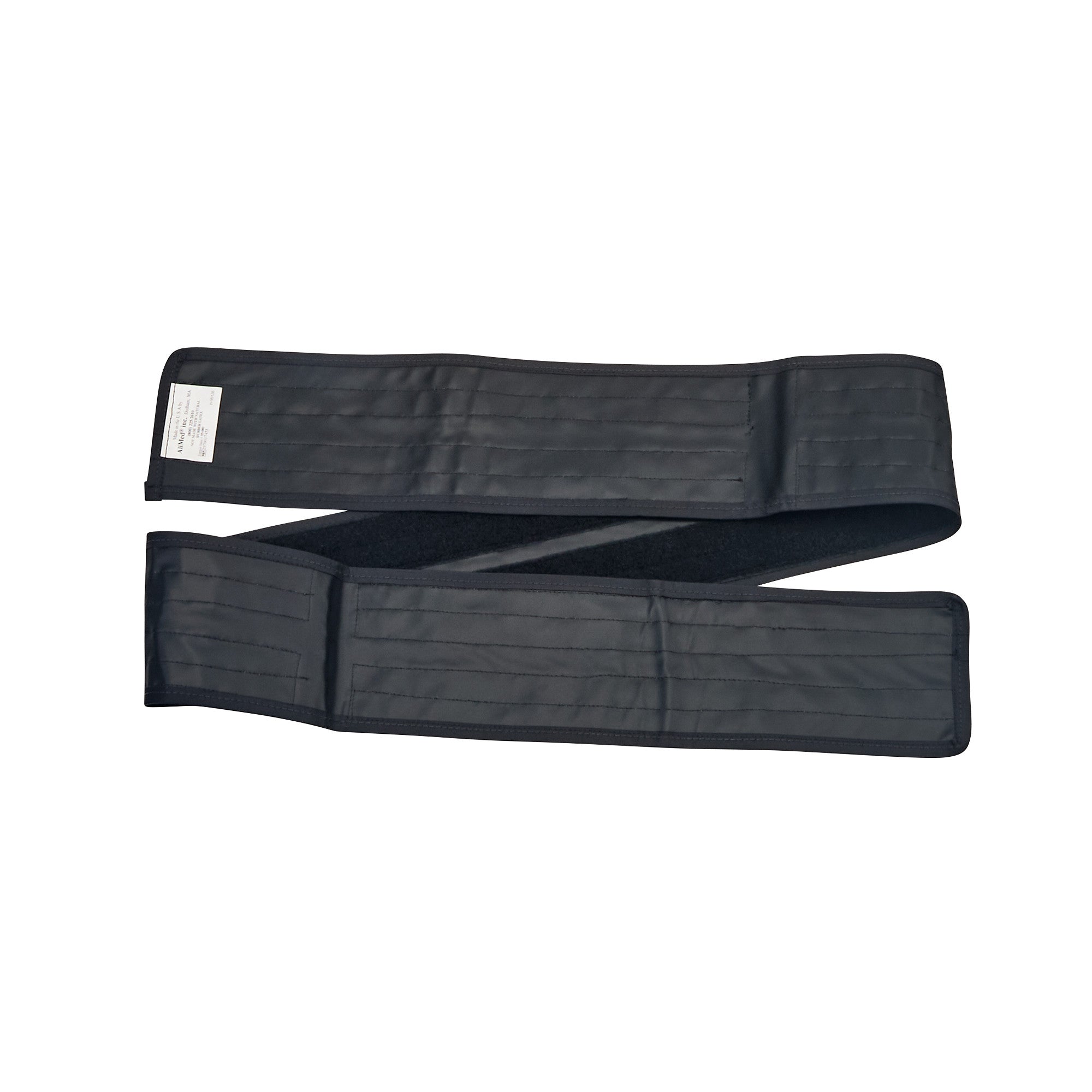 The AliMed Nonmetallic Operating Room Table Strap is a black, adjustable strap with a fastening section and a small label on one end.