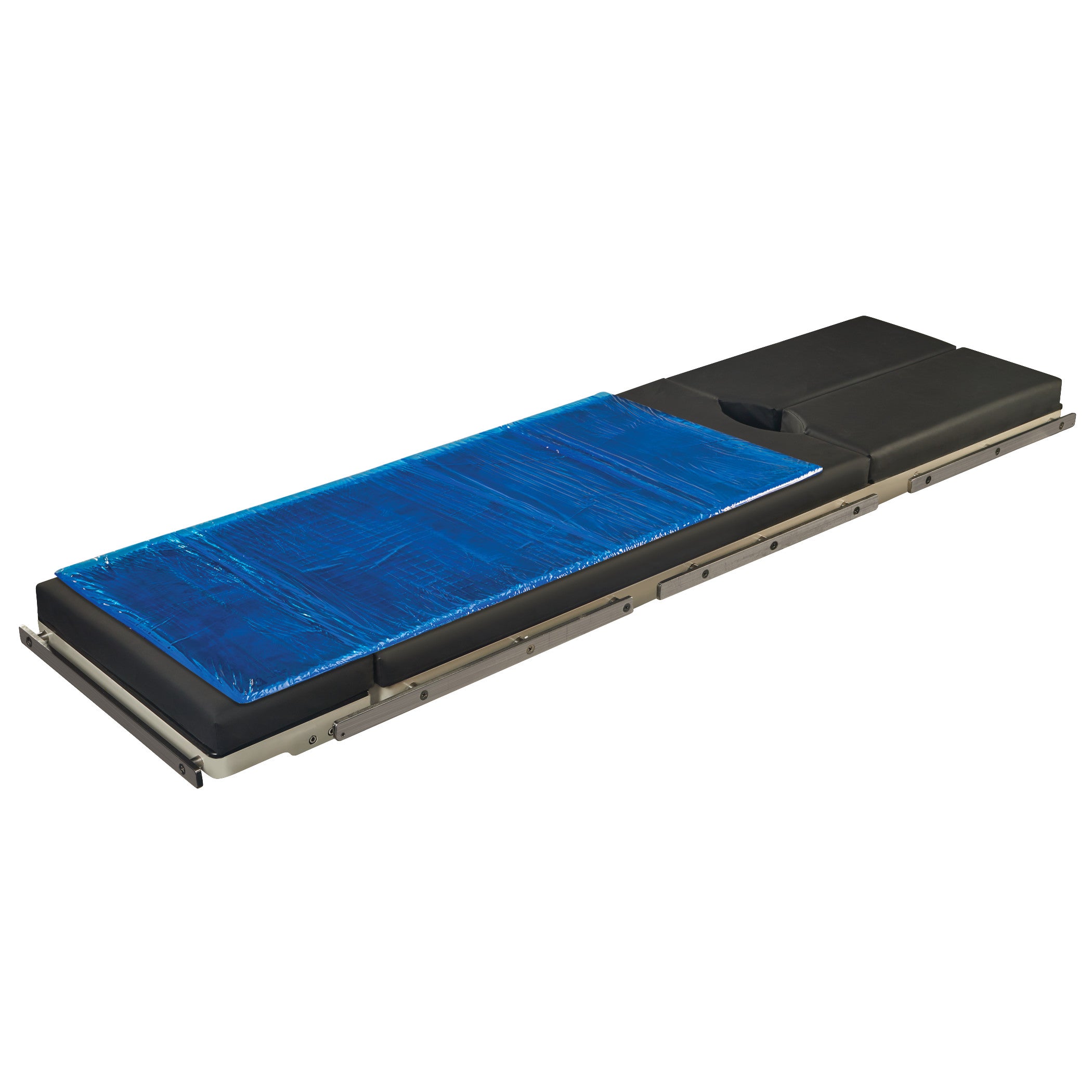 AliMed AliBlue Gel Surface Overlay on a stretcher frame, with black padding and a blue gel section for comfort and support.
