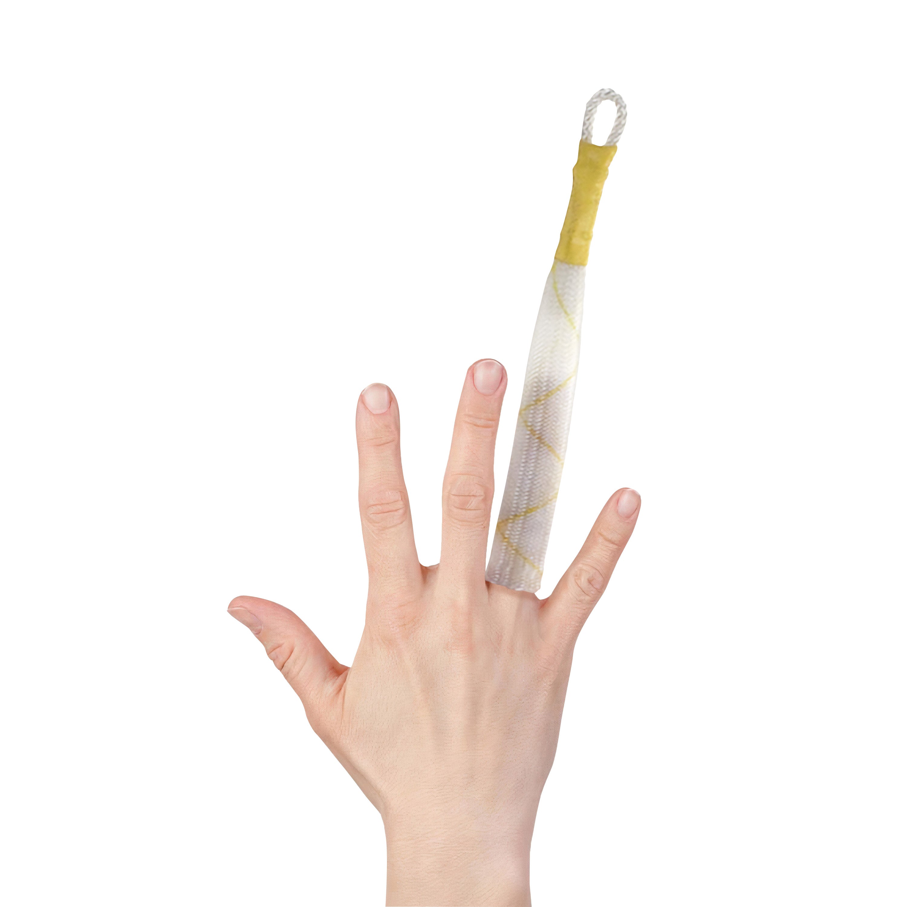 A hand wearing a KYRA Disposable Single Finger Trap on the ring finger against a white background.
