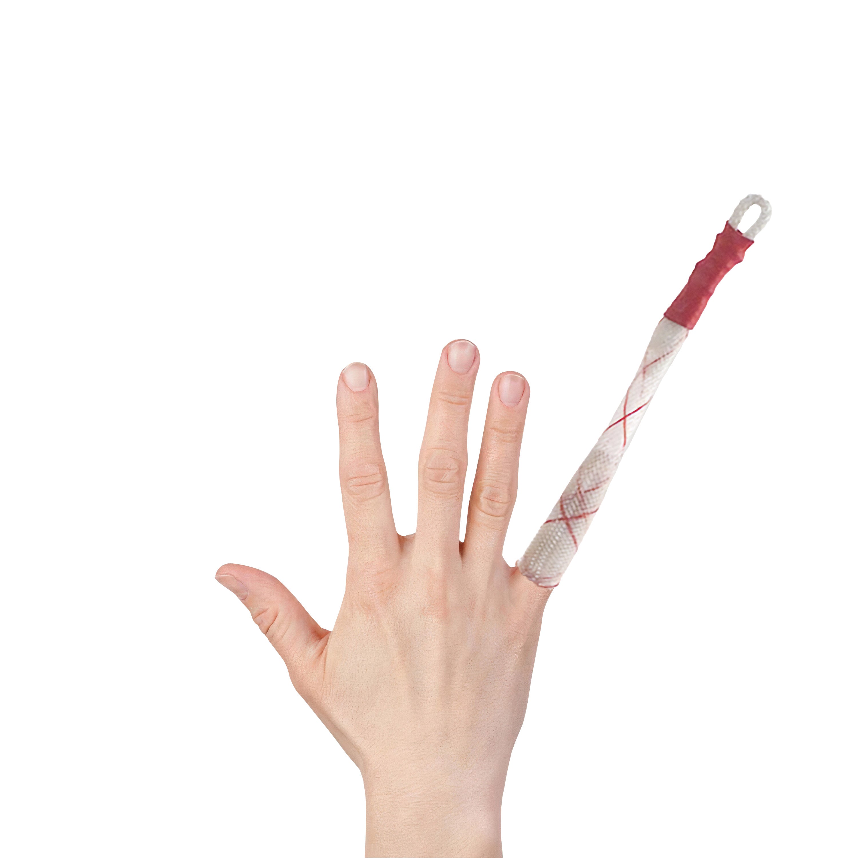 A hand wearing a KYRA Disposable Single Finger Trap on the index finger against a white background.