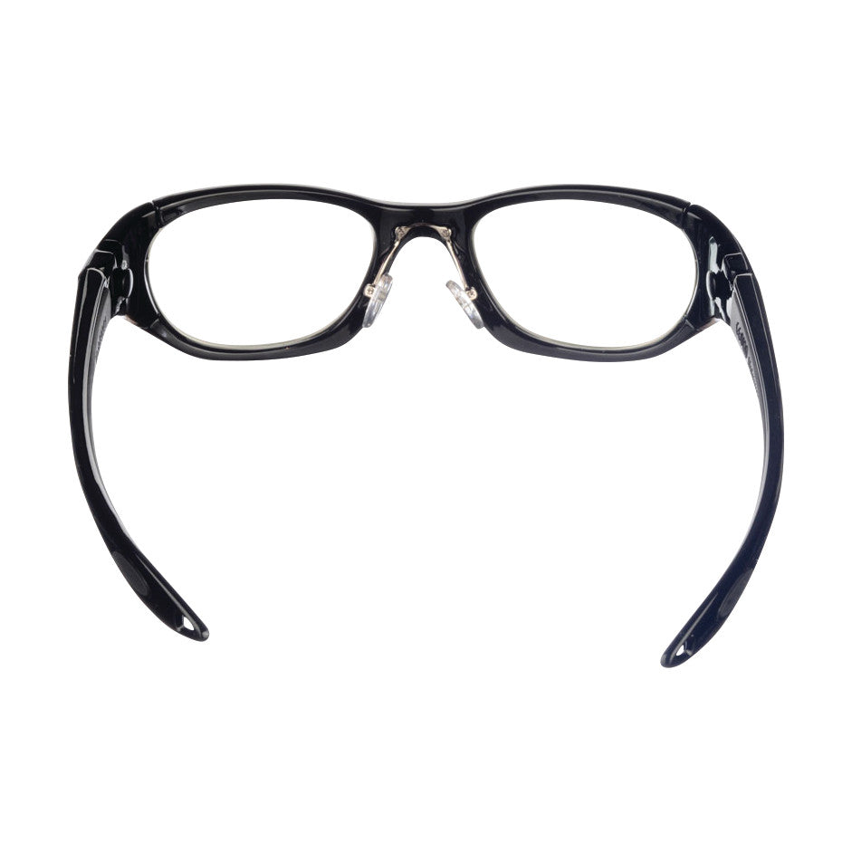 Black UltraSoft Radiation Protection Eyewear with oval lenses and adjustable nose pads, viewed from above.