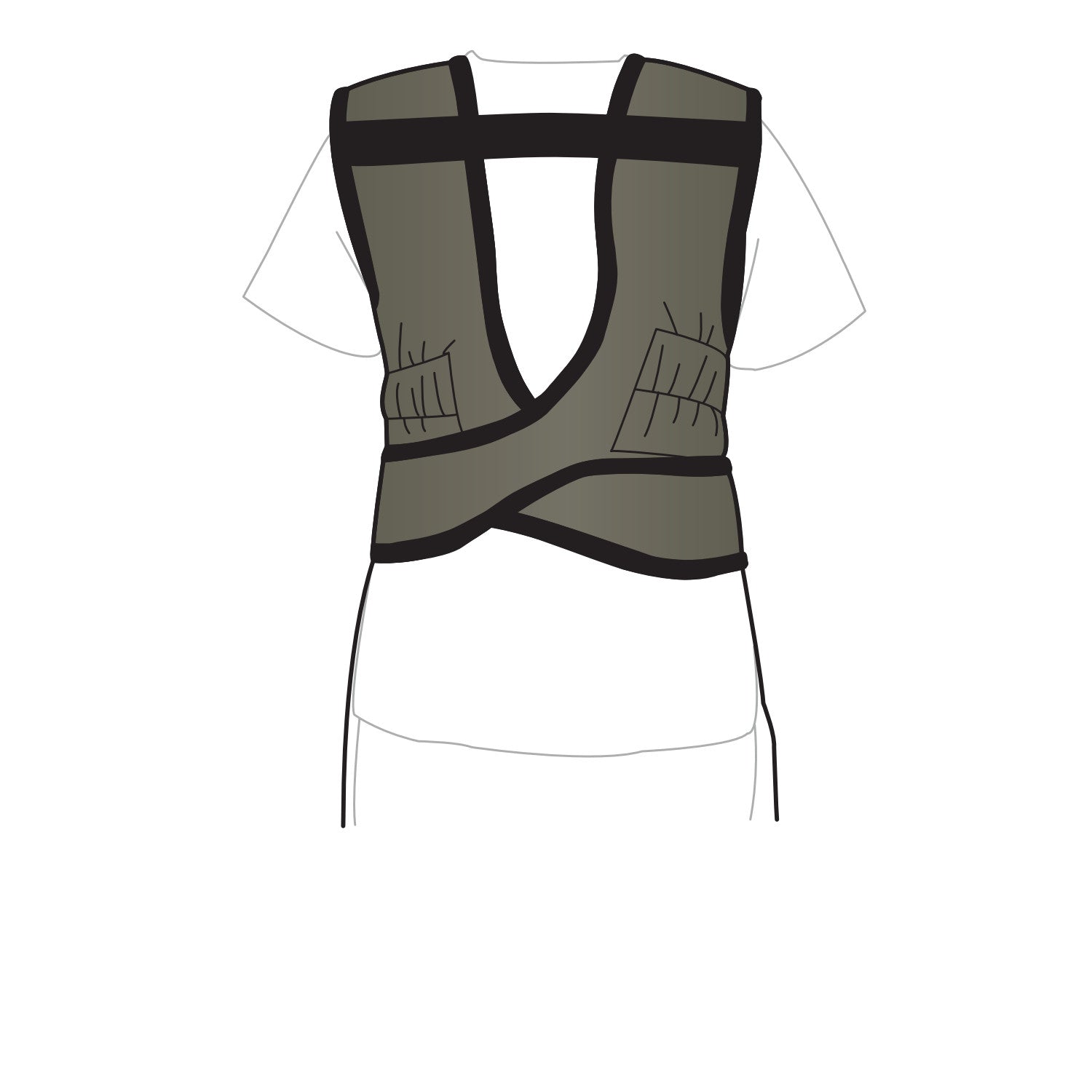 Illustration of the AliMed Grab n Go Flex Weight Reliever Apron, Male. It's a gray vest with black trim, worn over a white shirt.