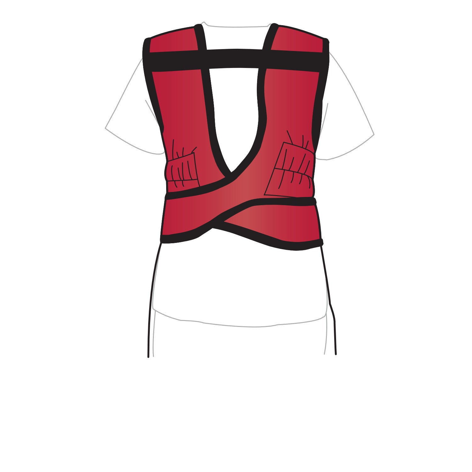A medical illustration of a male wearing an AliMed Grab n Go Flex Weight Reliever Apron, showing its open-back design and secure straps.
