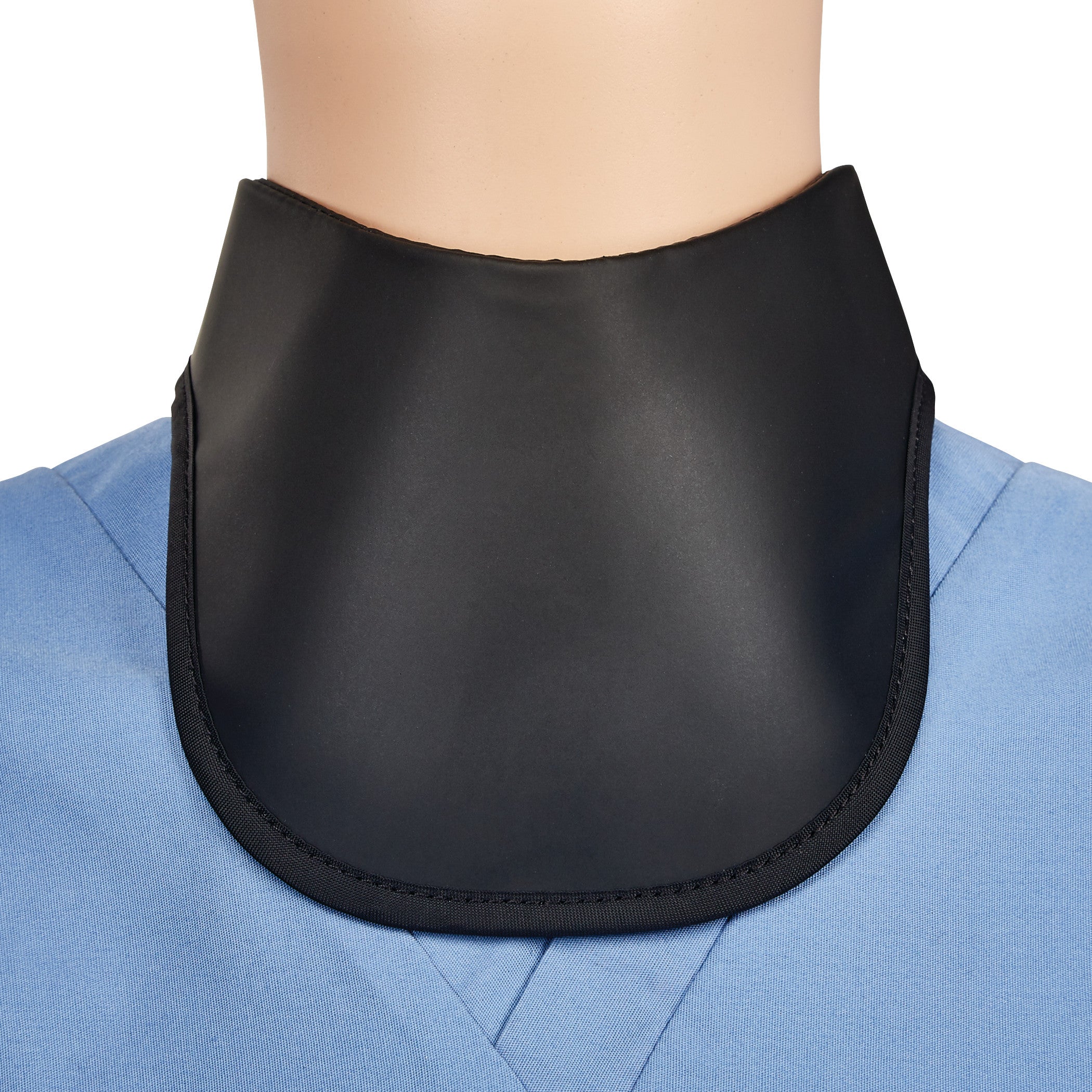 A close-up of a mannequin wearing an AliMed Grab n Go Thyroid Shield in black over a blue garment.
