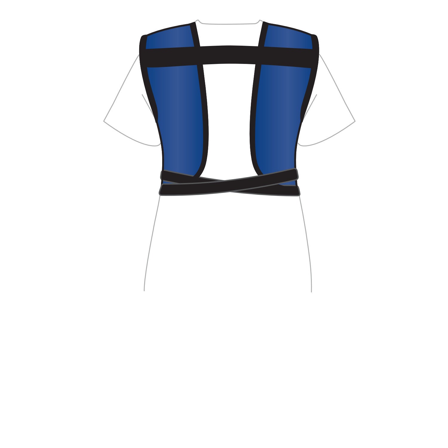 A person wearing a white shirt and an AliMed Grab n Go Tie Apron, Male, in blue and black, is shown in a back view illustration.