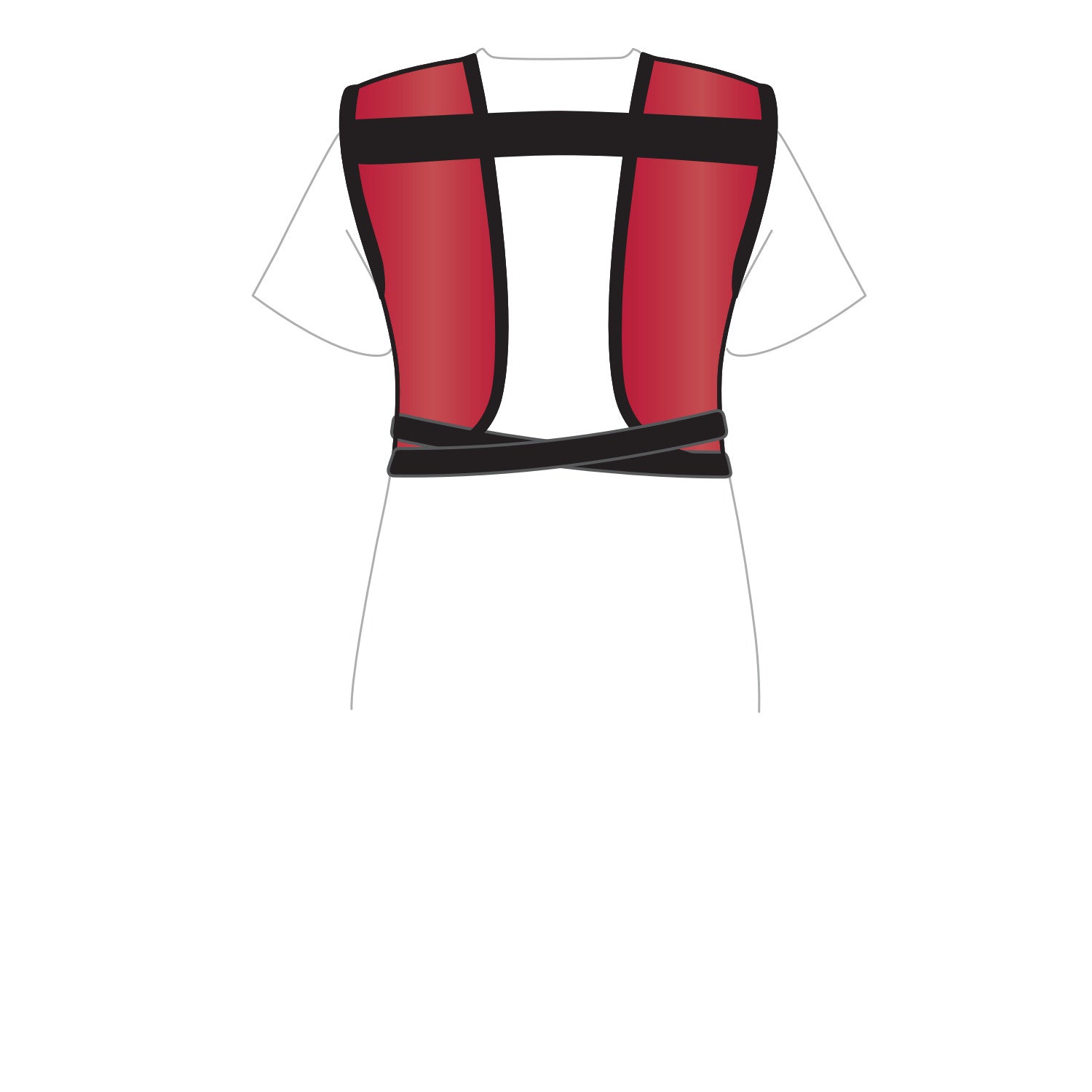 A drawing of an AliMed Grab n Go Tie Apron, Female version, showing the back view with red panels and black straps over a white shirt.