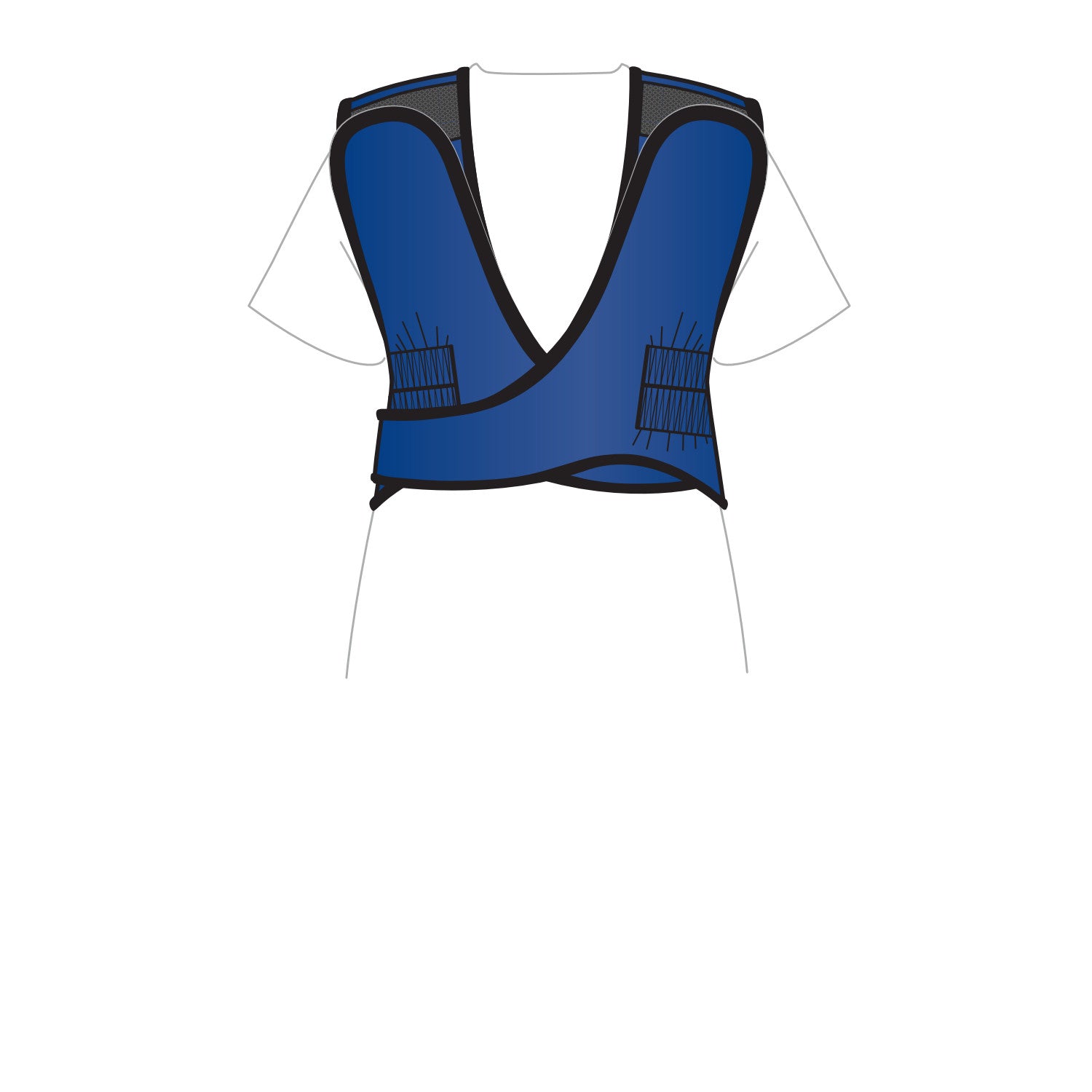 AliMed Grab n Go 4-Point Quick Drop, Female, blue vest on a white shirt, featuring black trim and adjustable closures.
