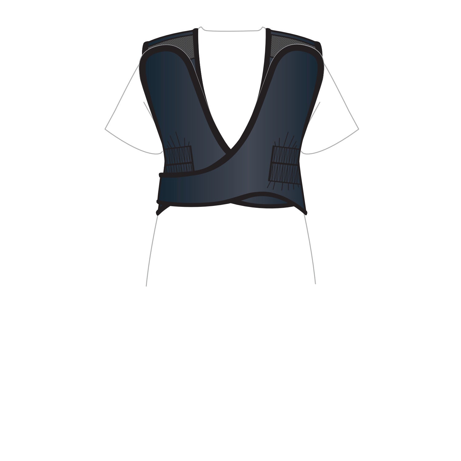 The AliMed Grab n Go 4-Point Quick Drop, Female is a dark-colored vest with wide straps, worn over a white short-sleeve shirt.
