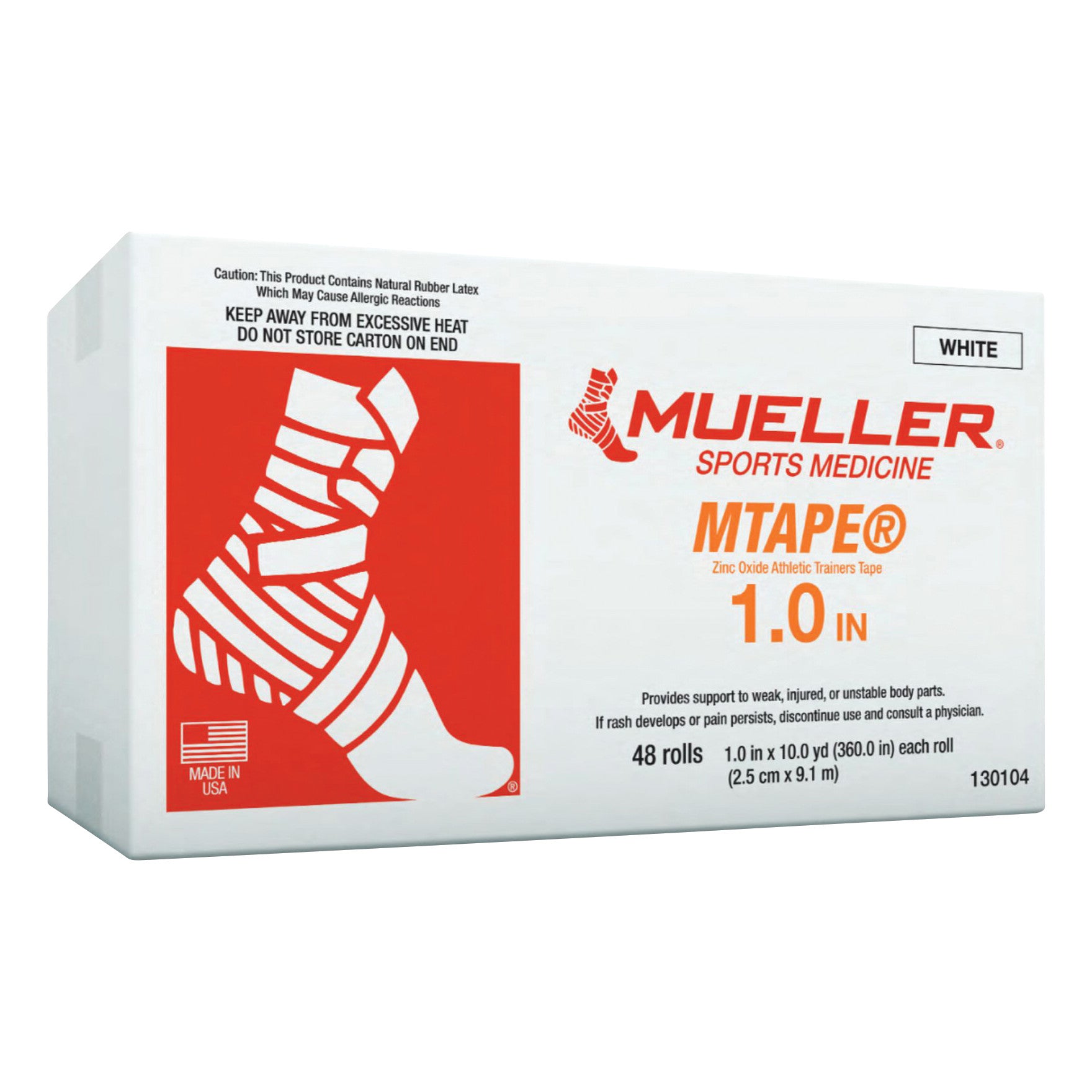 Mueller MTape Athletic Tape packaging features an illustration of a wrapped ankle, indicating its use for joint support.