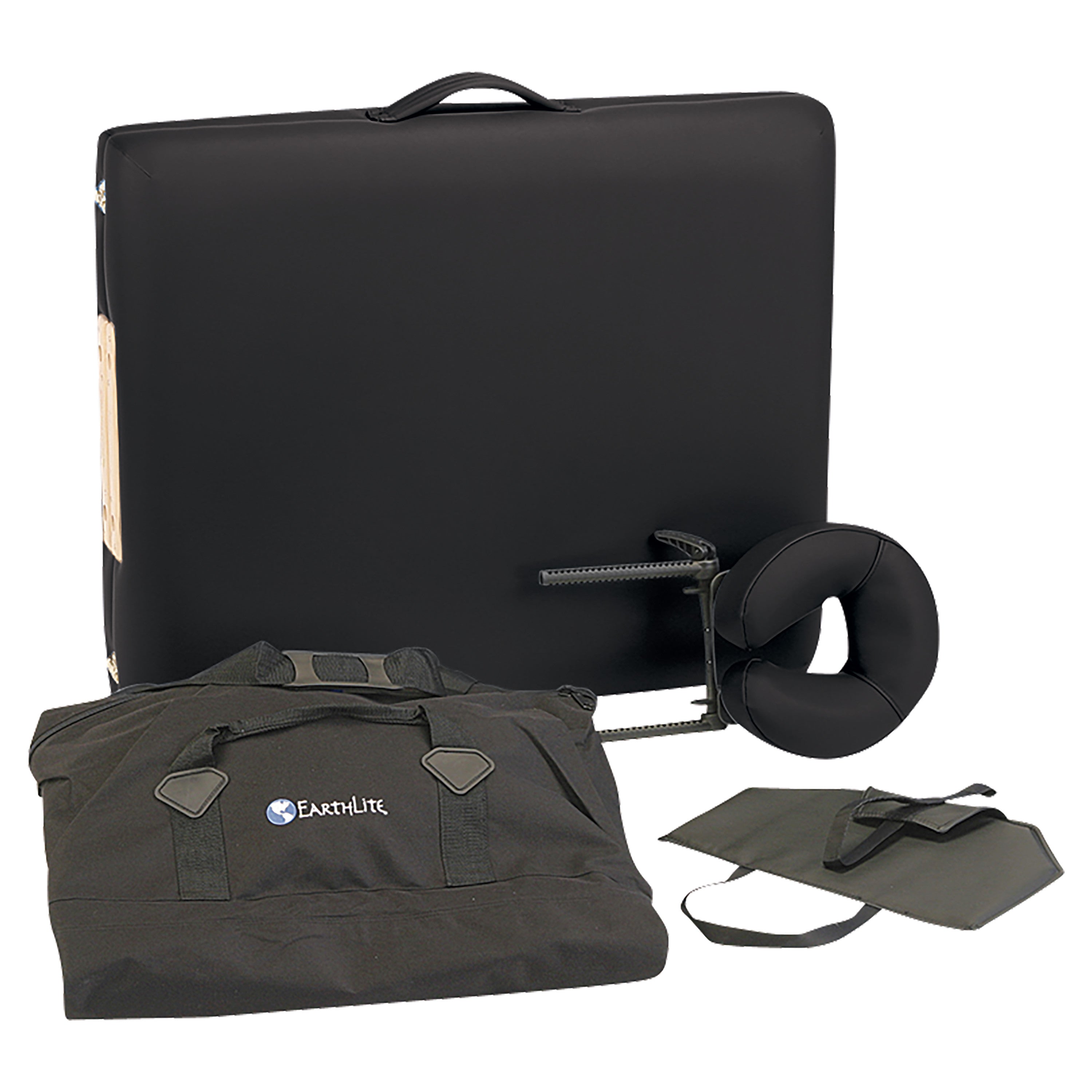 EarthLite Harmony DX Portable Massage Table Package includes a black folding table, face cradle, carrying case, and an accessory pouch.