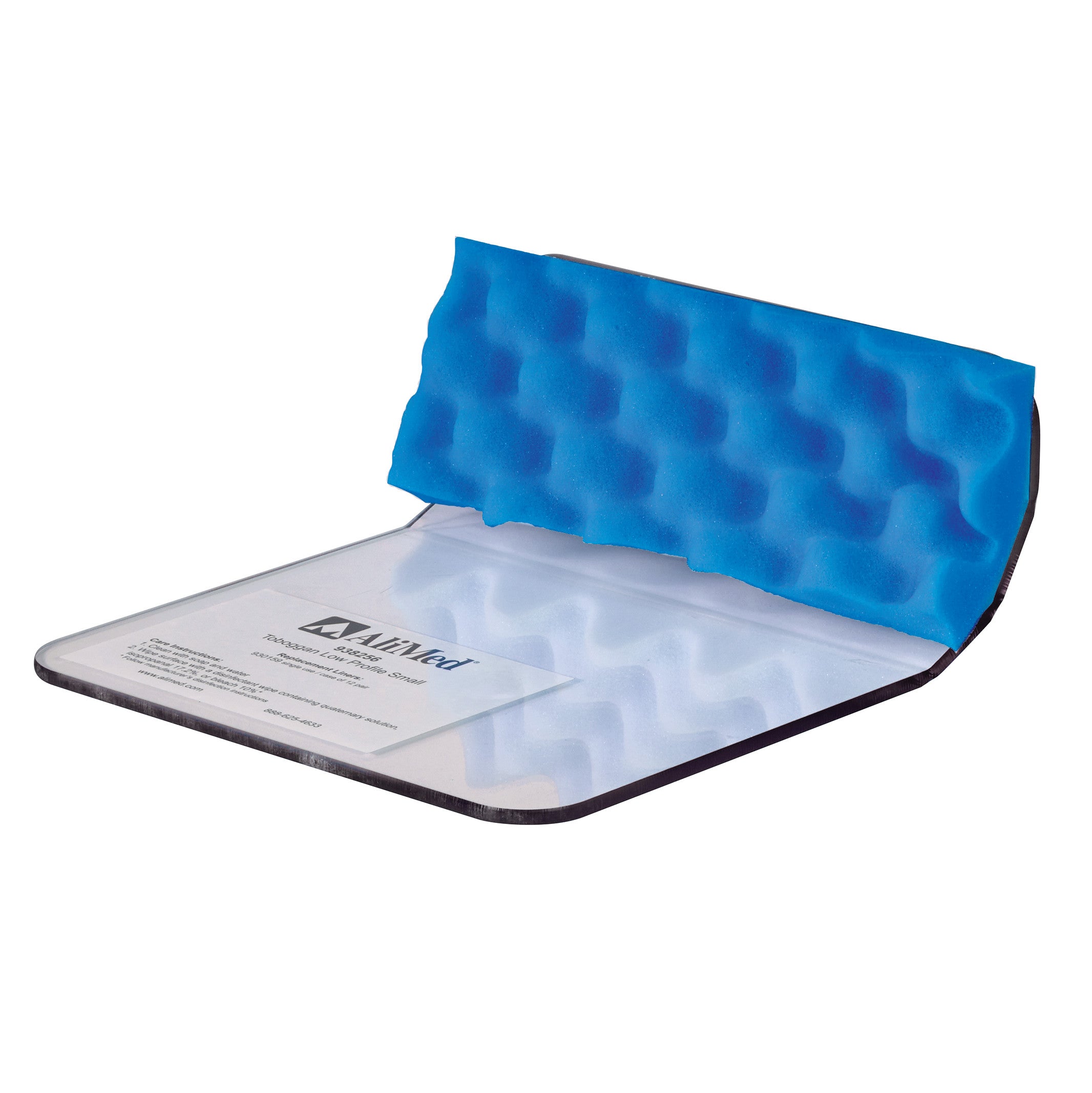 AliMed Low-Profile Toboggan and Single-Use Liner Kit with a blue, textured liner inside a clear, curved plastic toboggan.