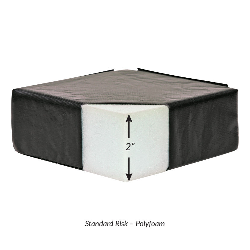 AliMed Risk-Reducing Armboard Pad for AMSCO and O.R. Direct Armboard with 2-inch polyfoam core, black cover, labeled "Standard Risk."