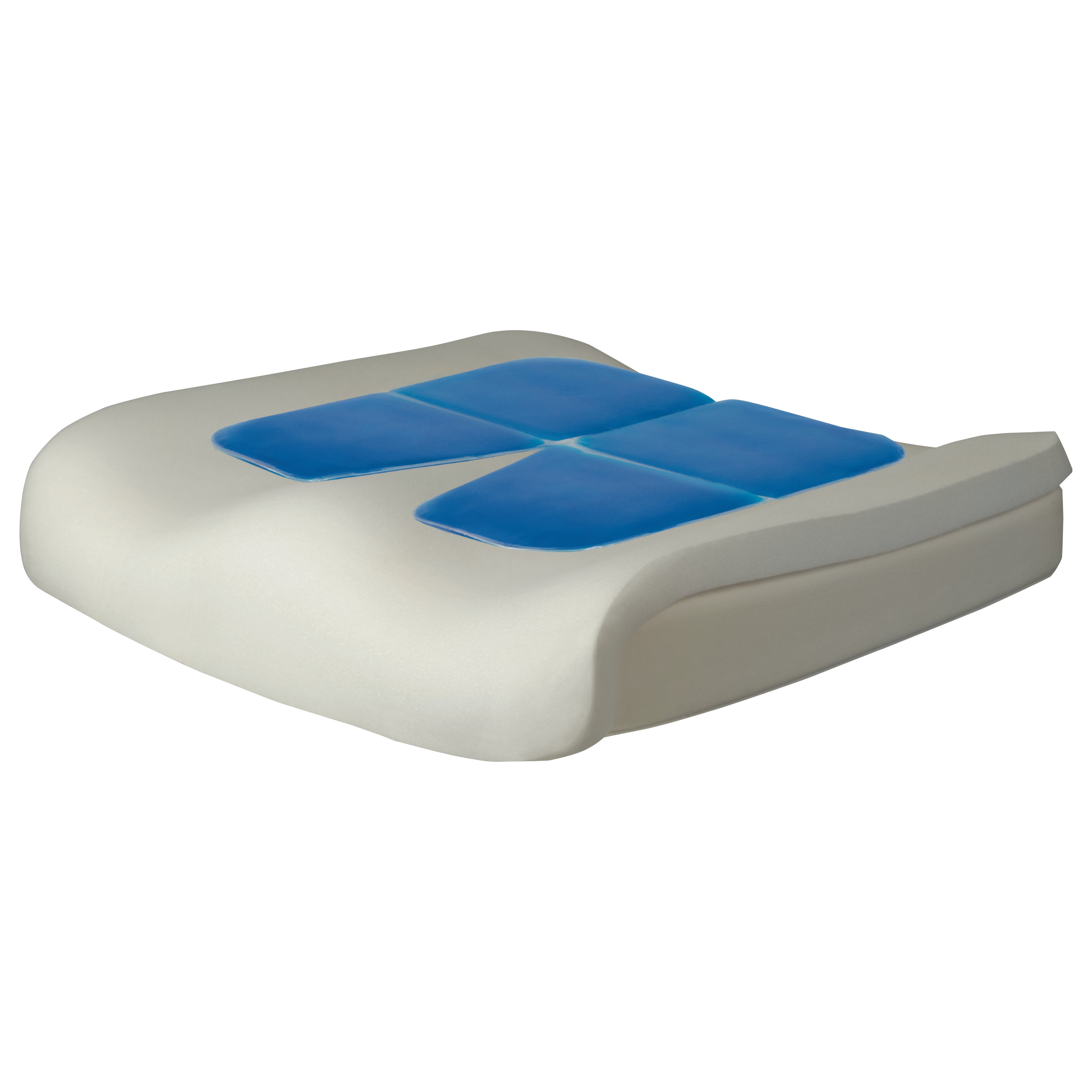 An Express Comfort Contoured Gel Wheelchair Cushion. It features a white base with four blue gel pads on top.