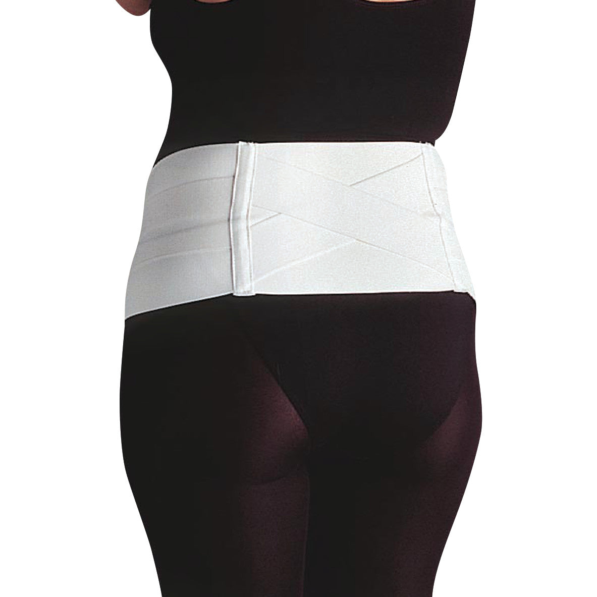 A person in black clothing is wearing an Embrace Moderate Support Maternity Belt, which is a white, adjustable support belt around the waist.