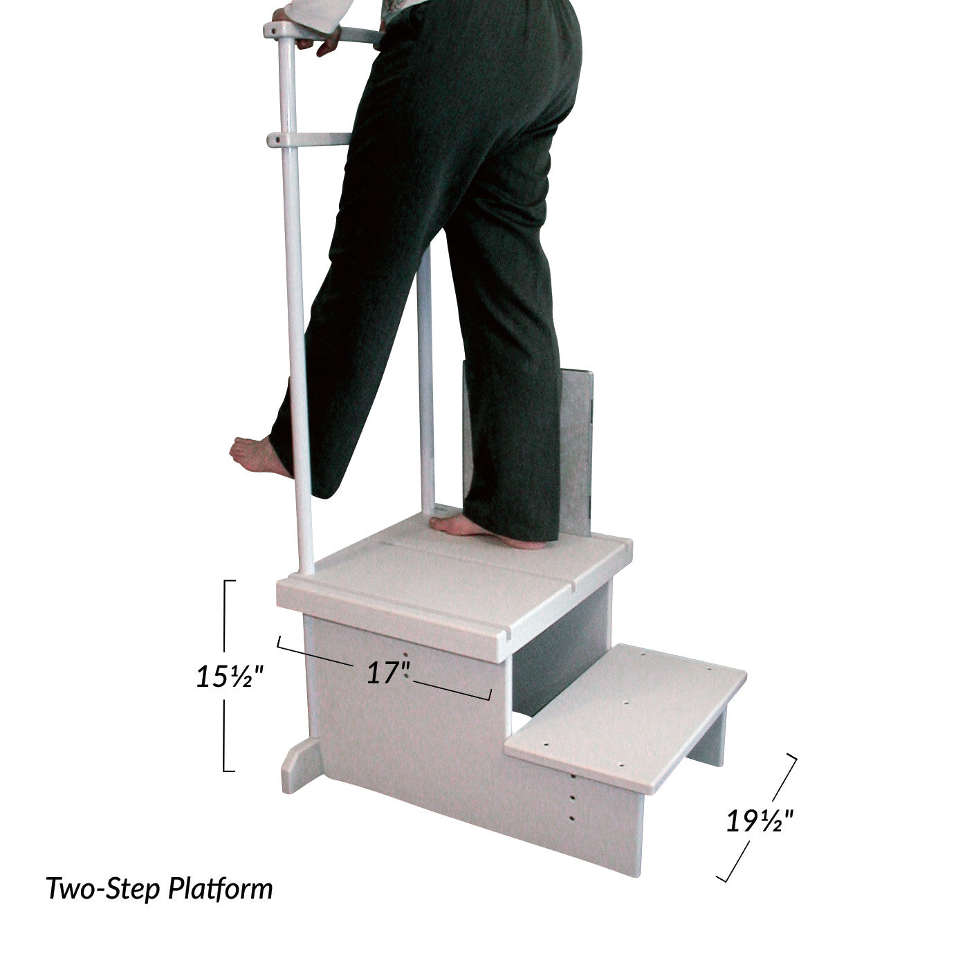 A person uses the Two-Step Positioning Platform for CR Systems and DR Systems, standing on the top step with a side rail for support.