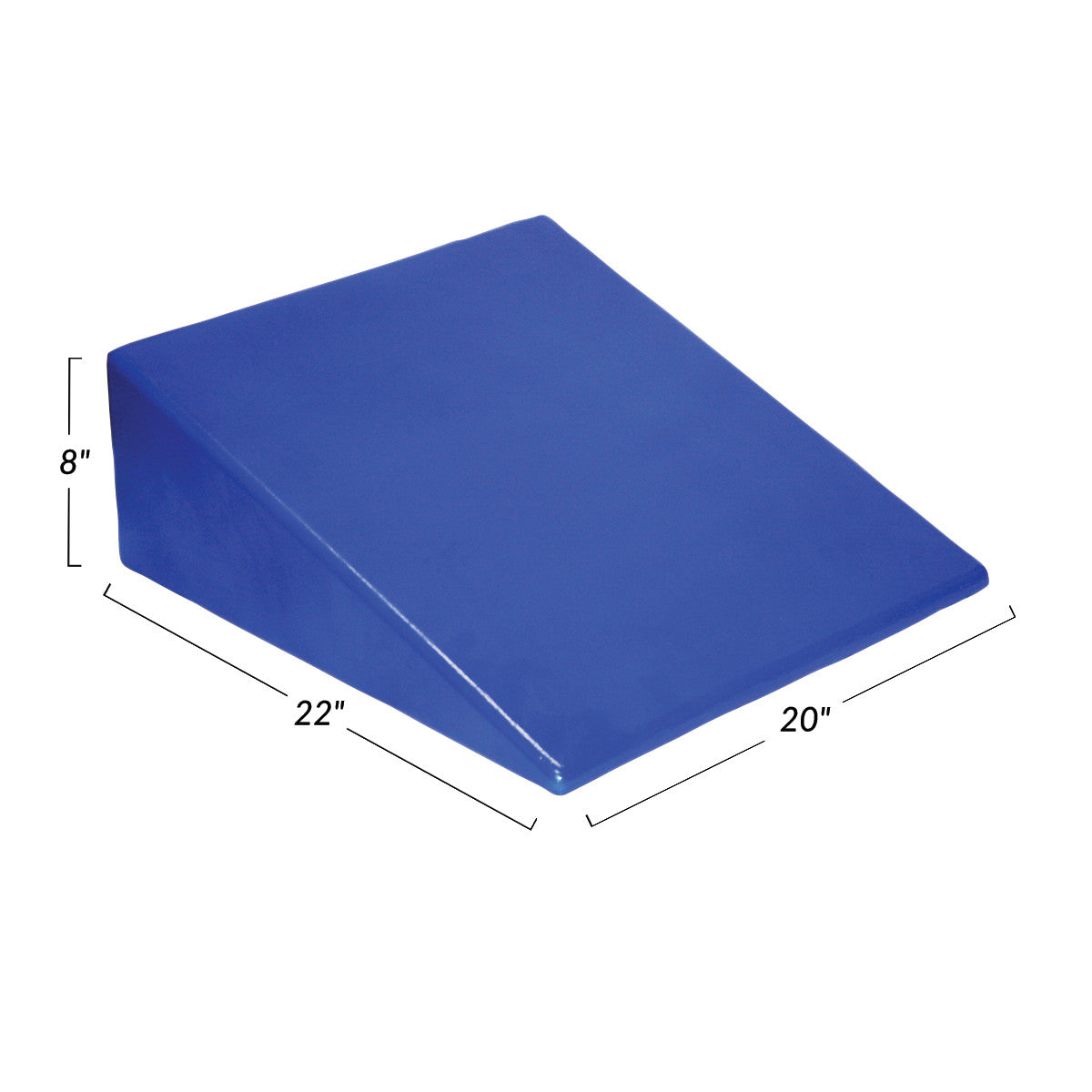 A blue Skillbuilders Positioning Wedge with dimensions 22" long, 20" wide, and 8" high, shown at an angled view.