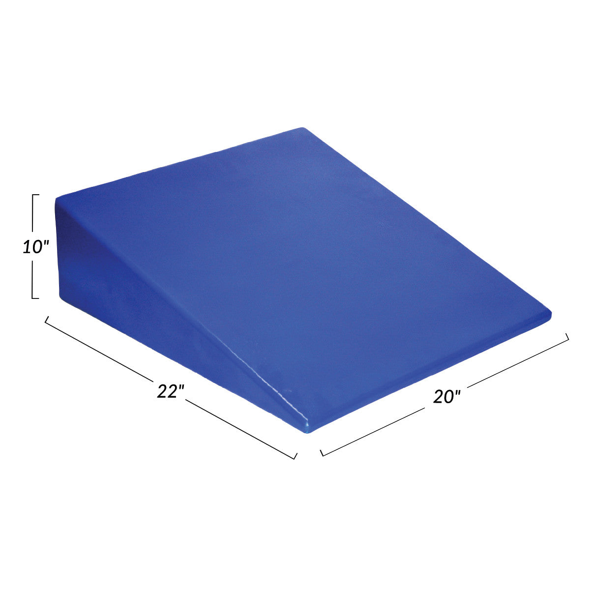 A blue Skillbuilders Positioning Wedge with dimensions 22"x20"x10" is shown in a side view.