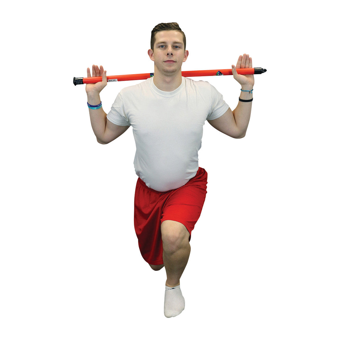 A man performs a lunge while holding a CanDo WaTE Bar on his shoulders, wearing a white shirt and red shorts.