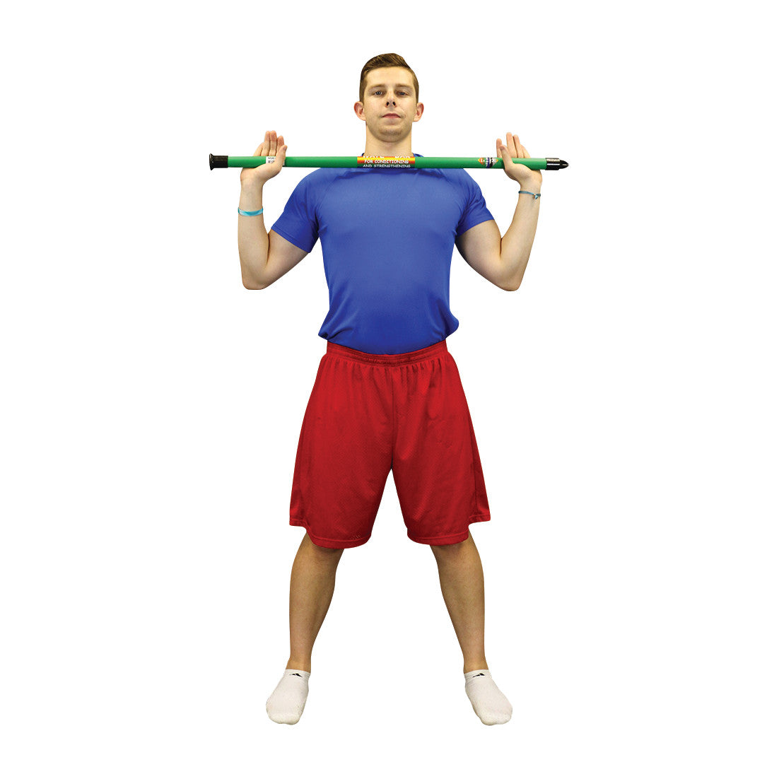A person holds a CanDo WaTE Bar on their shoulders, wearing a blue shirt and red shorts, against a white background.