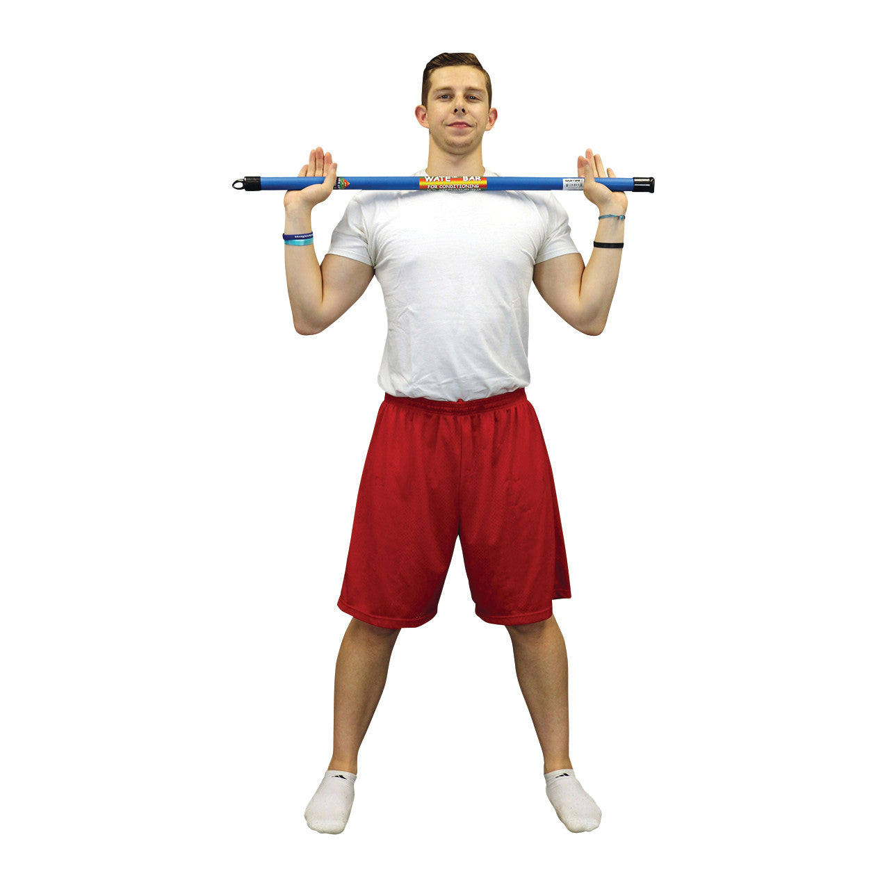 Person holding a CanDo WaTE Bar overhead while standing. They are wearing a white shirt, red shorts, and white socks.