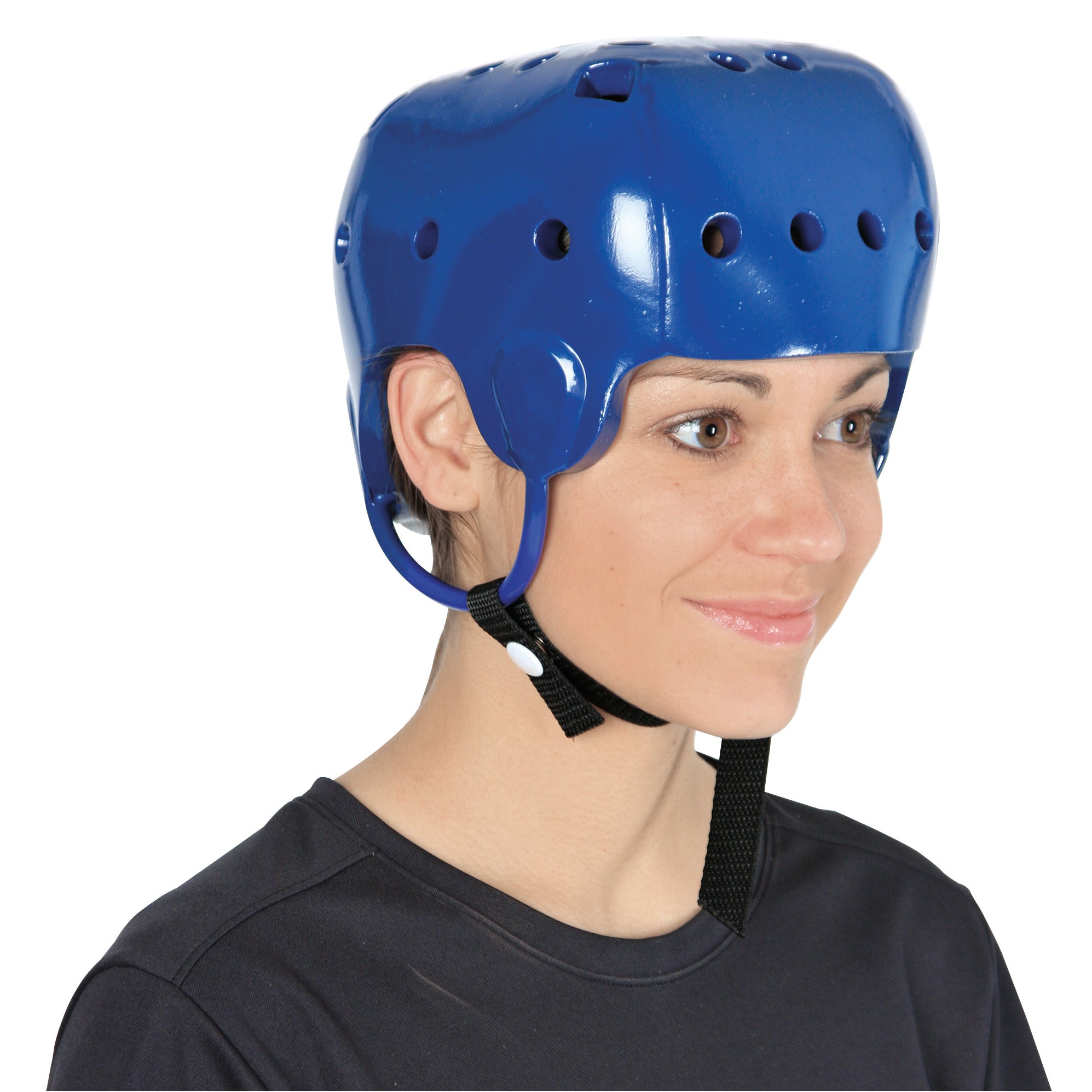 A person wears a Danmar Products Soft Shell Helmet. The helmet is blue with ventilation holes, and features a black chin strap.