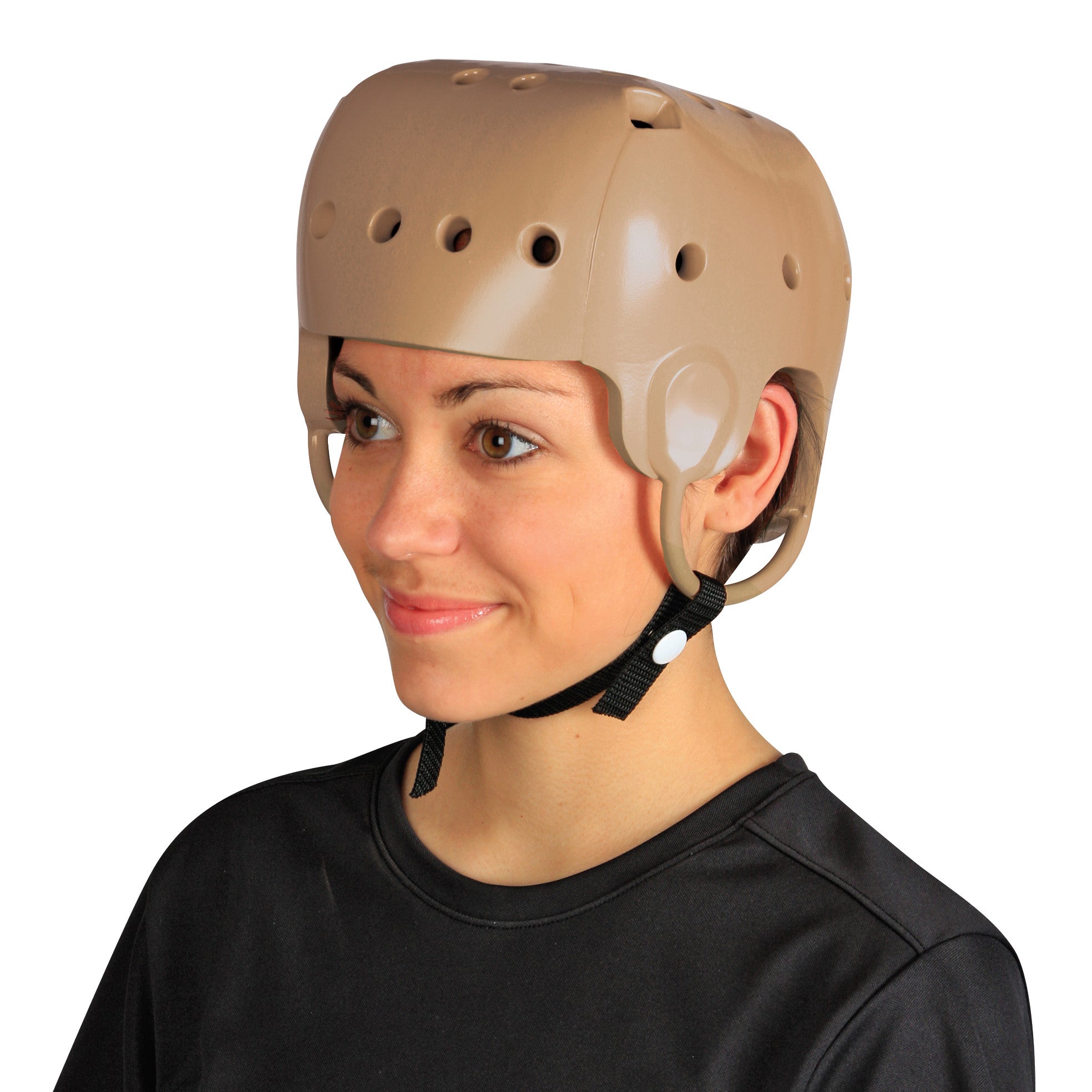 A person wearing a Danmar Products Soft Shell Helmet with ventilation holes and a chin strap.