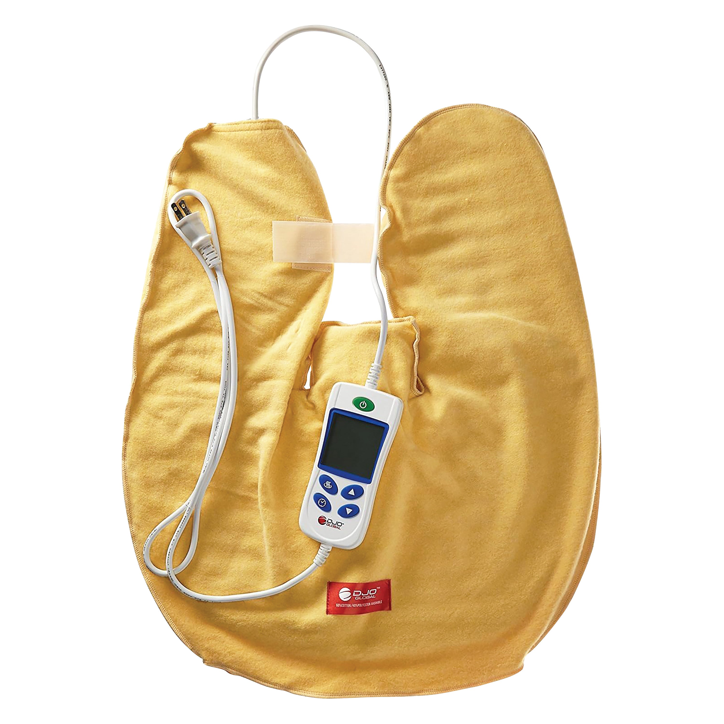 Theratherm Automatic Moist Heat Pack in yellow with a white digital controller and a power cord, laid flat on display.
