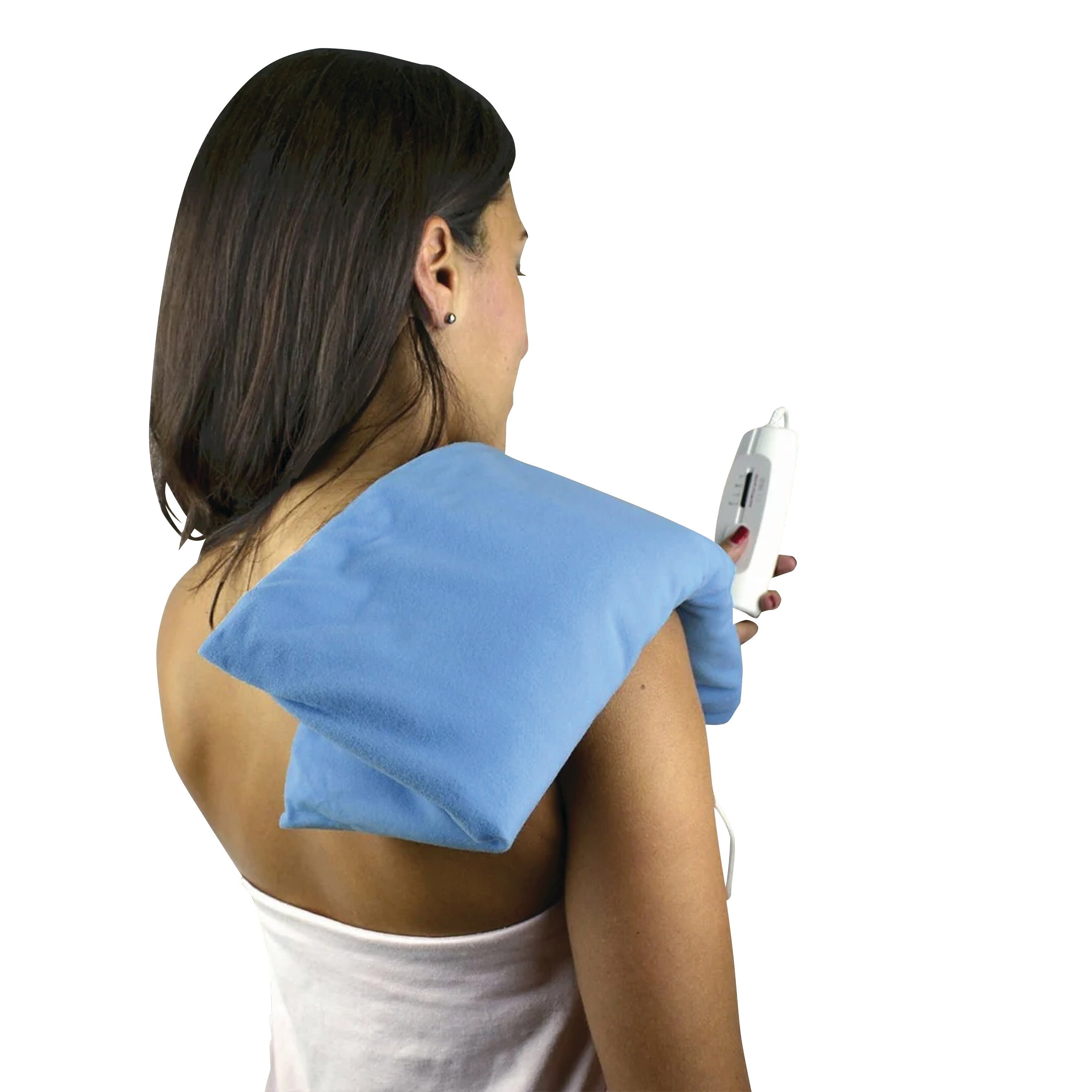 A woman uses the Advocate Moist/Dry Heating Pad on her shoulder. She holds a white control device in her hand.