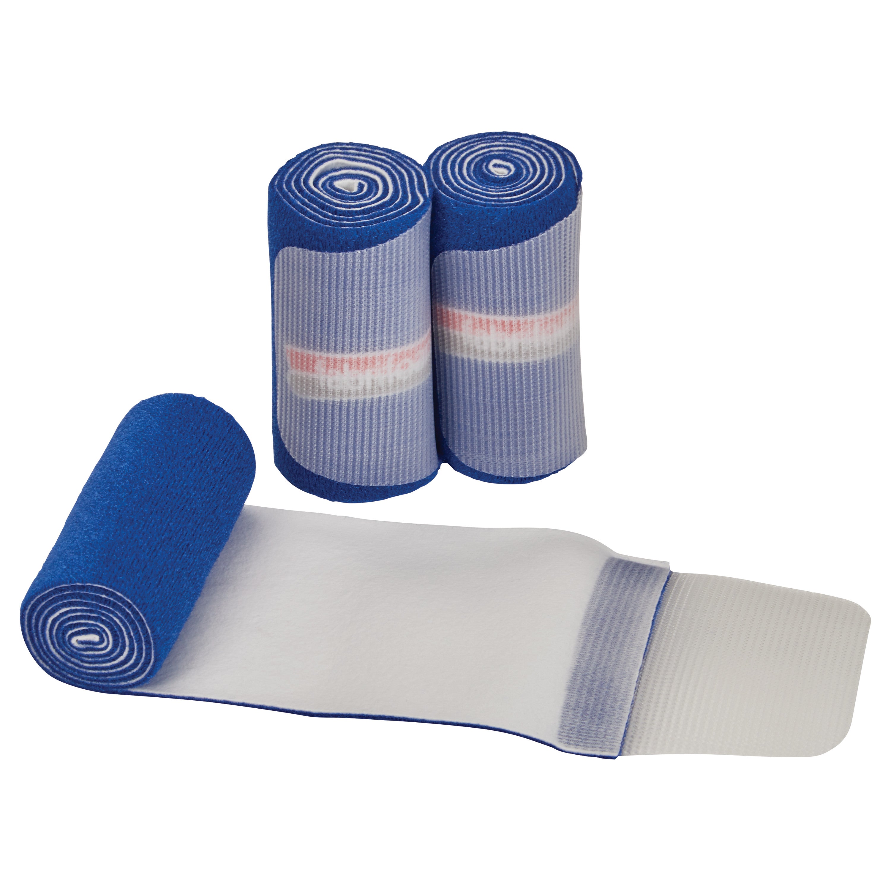 Two rolls of FabriFoam NuStim Wrap, with one partially unrolled, showing its blue exterior and white interior.