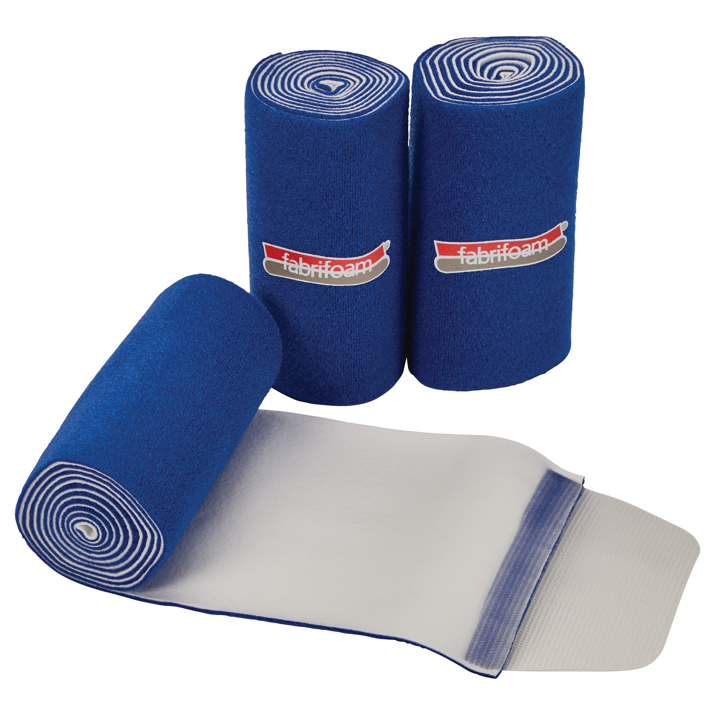Three blue rolls of FabriFoam NuStim Wrap are shown, with one partially unrolled, revealing its inner material.