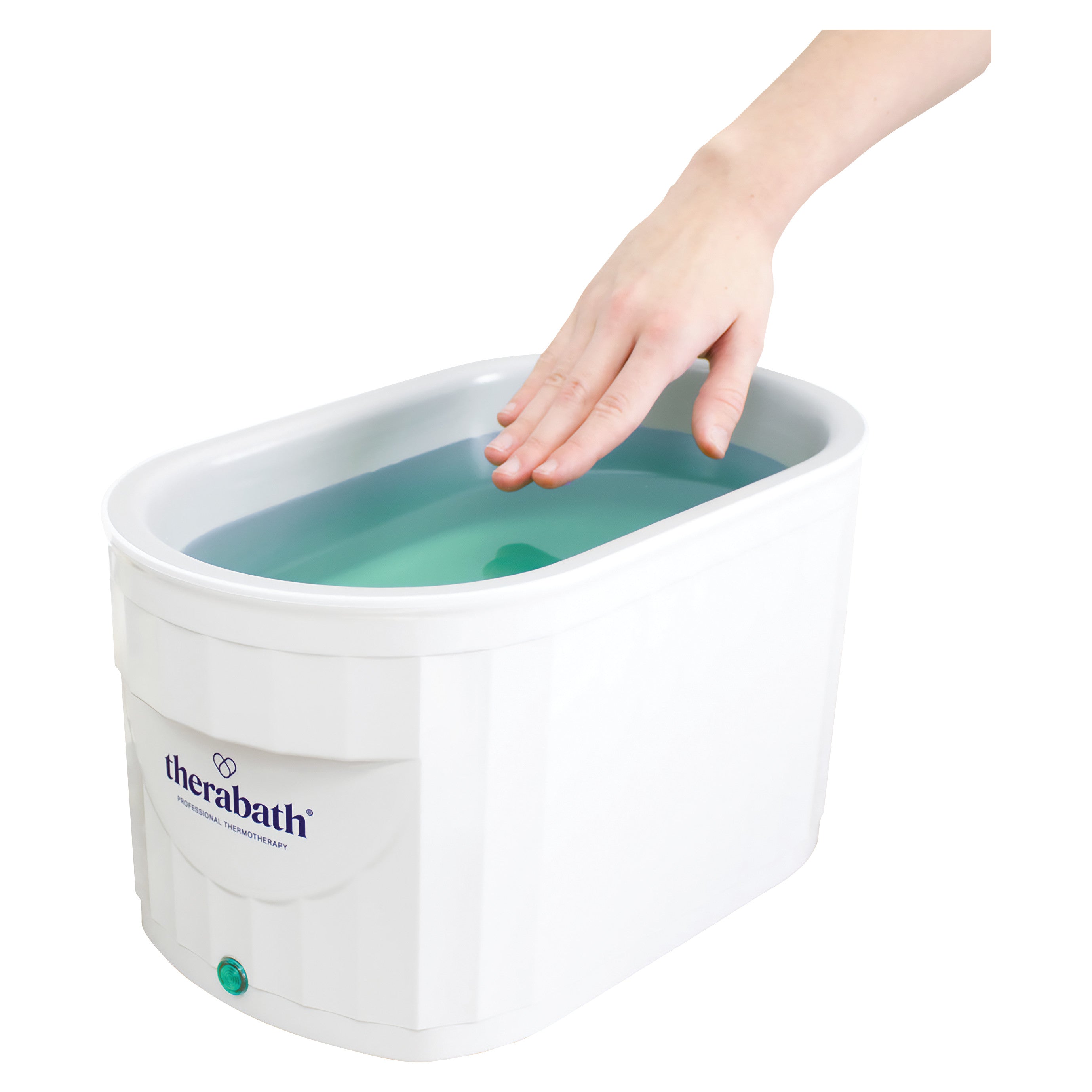 A hand dips into the Therabath Professional Thermotherapy Paraffin Bath, a white device filled with turquoise paraffin wax.