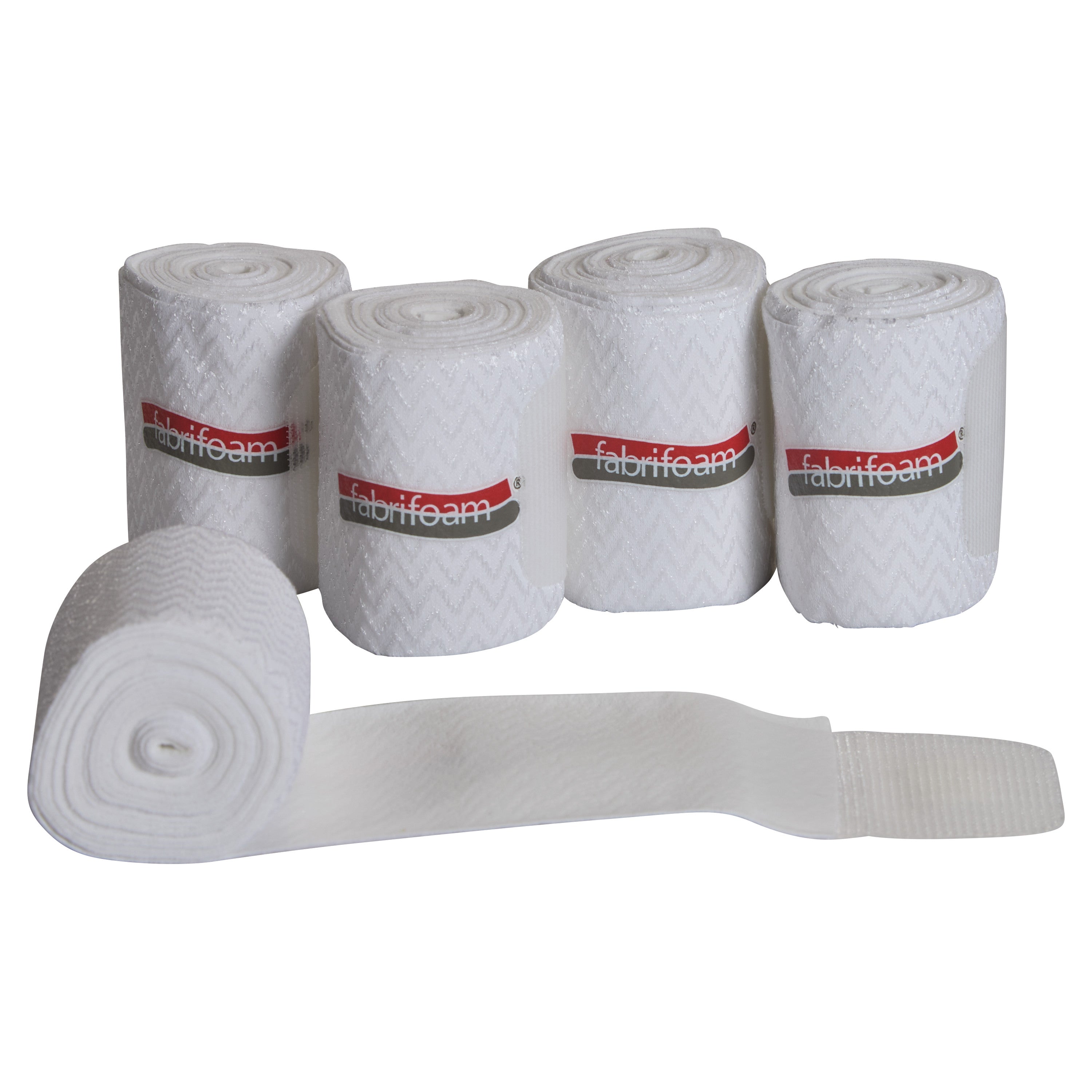 Five rolls of white SuperWrap Compression Wraps are displayed, with one partially unrolled. They have a branded label.